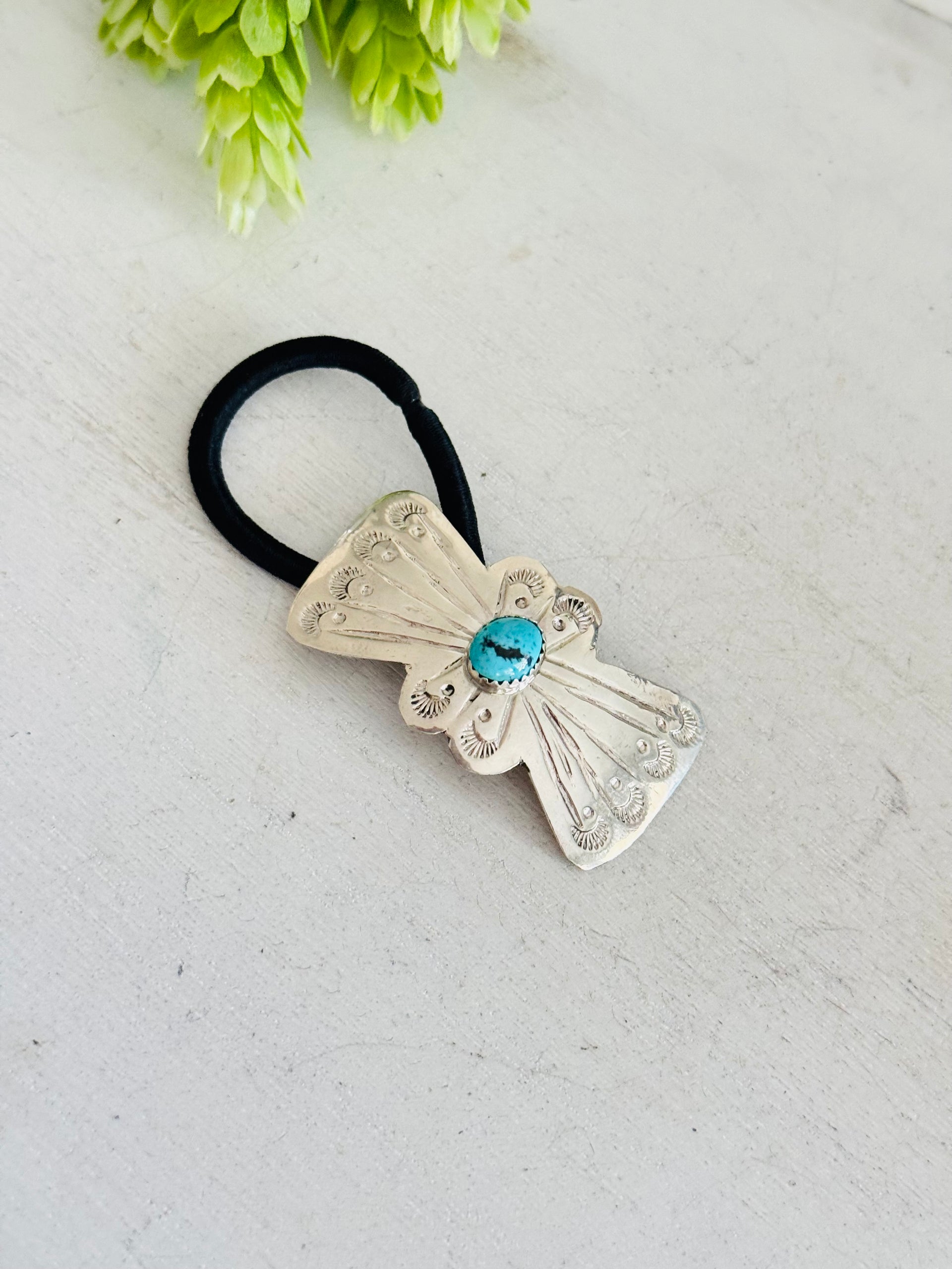 Navajo Made Kingman Turquoise & Sterling Silver Concho Ponytail Holder