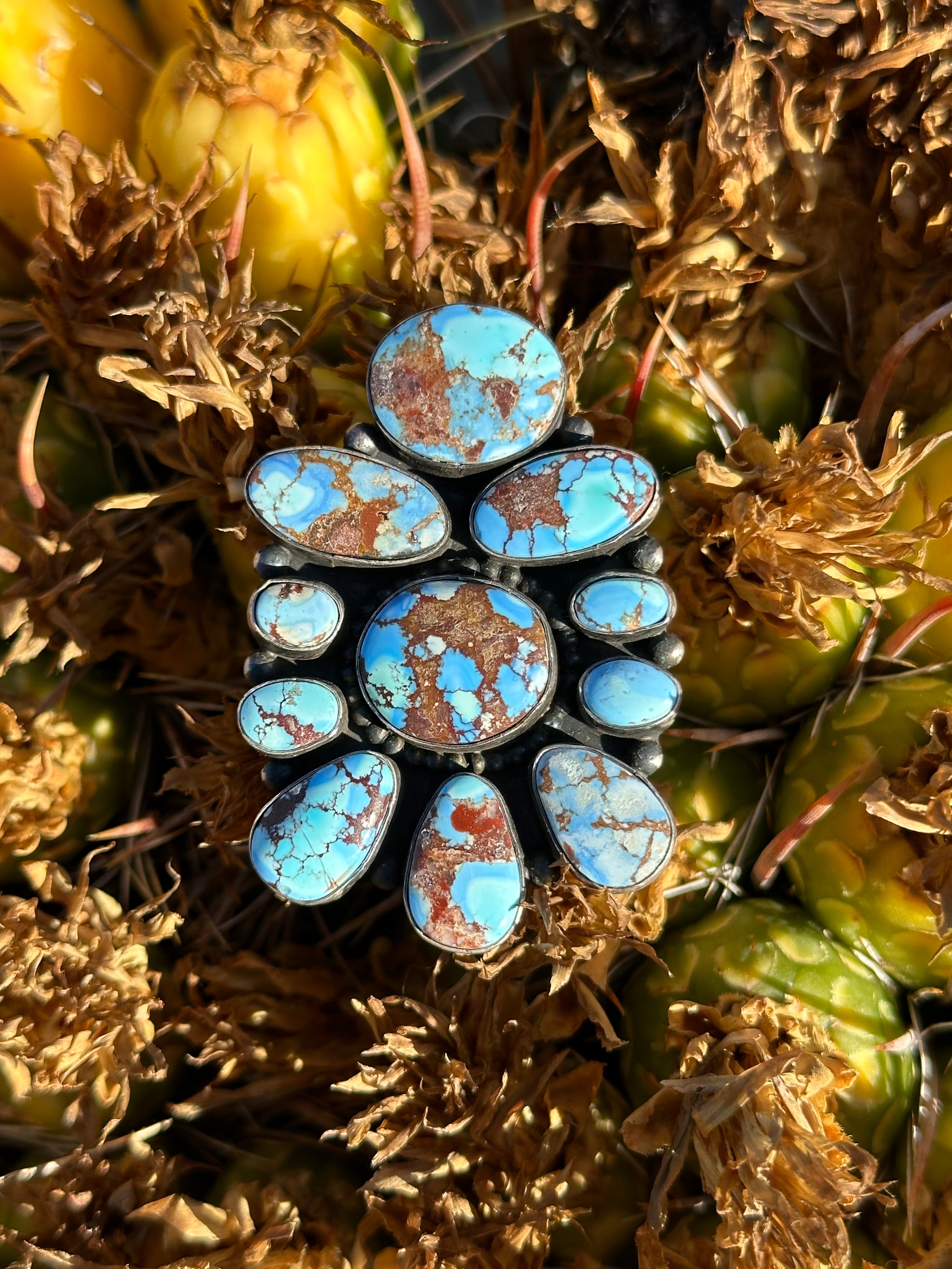 Navajo Made Golden Hills Turquoise & Sterling Silver Cluster Ring Size 7