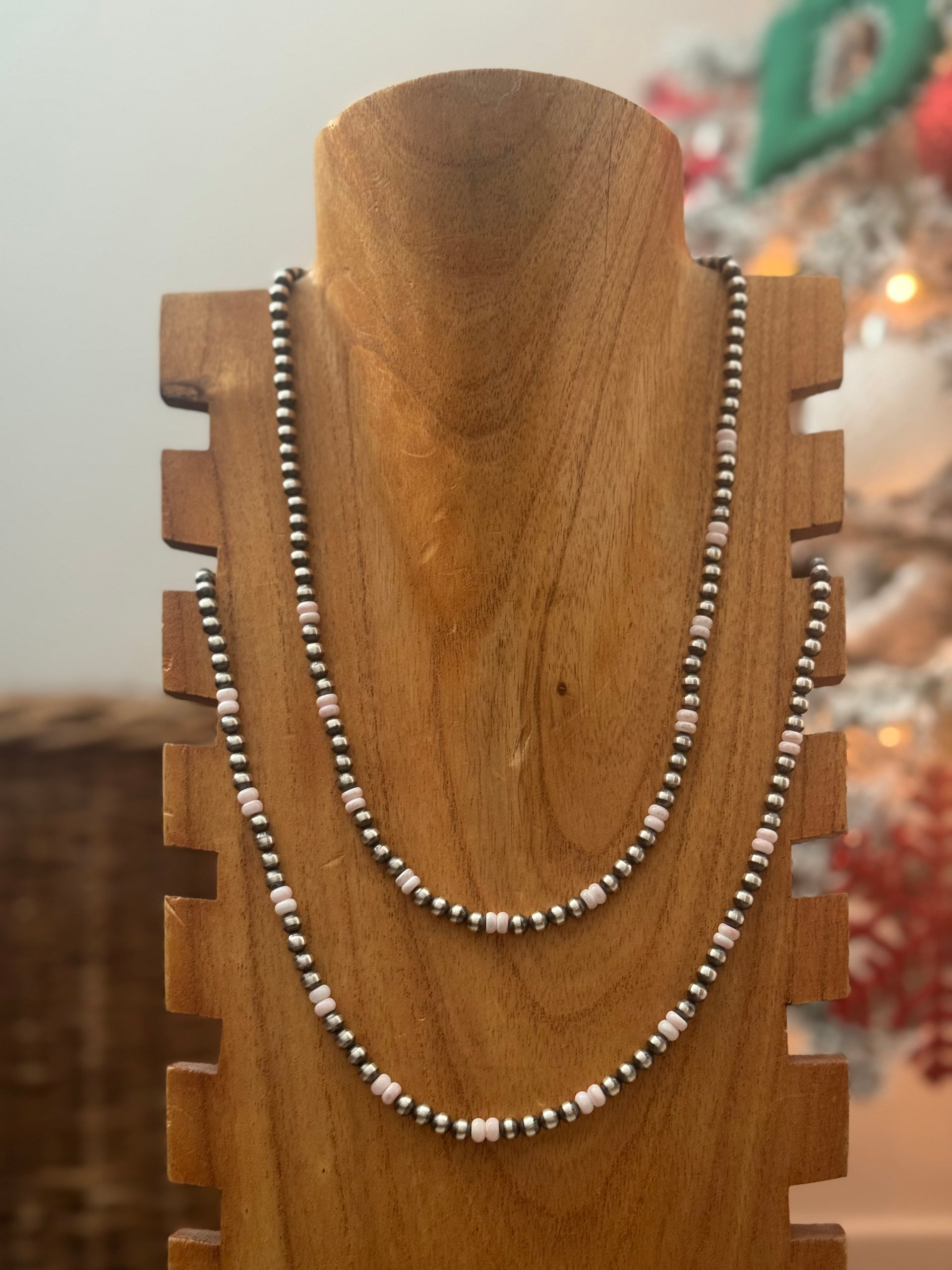 Navajo Strung Pink Conch & Sterling Silver Pearl Necklace