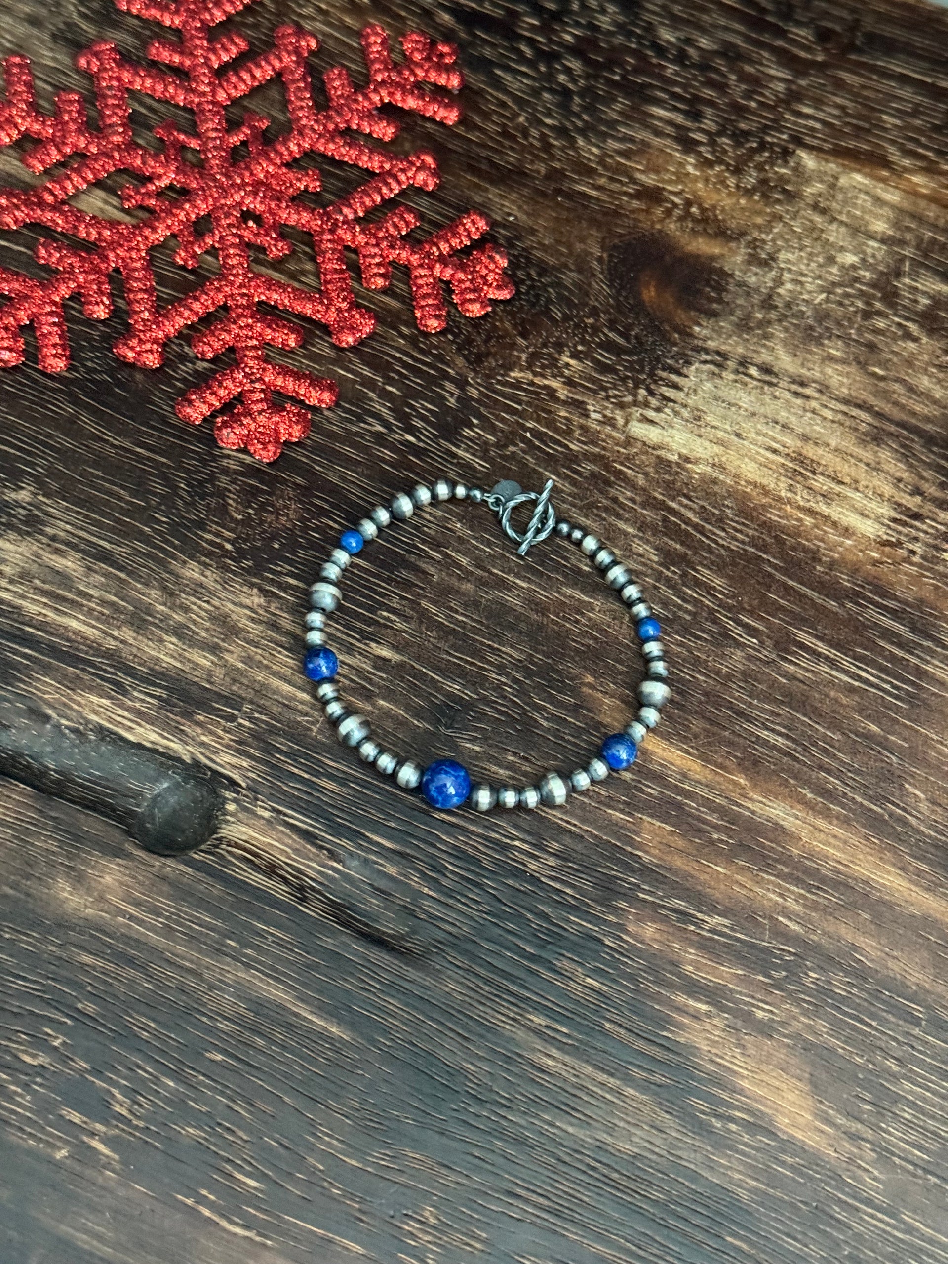 Navajo Strung Lapis & Sterling Silver Pearl Beaded Bracelet