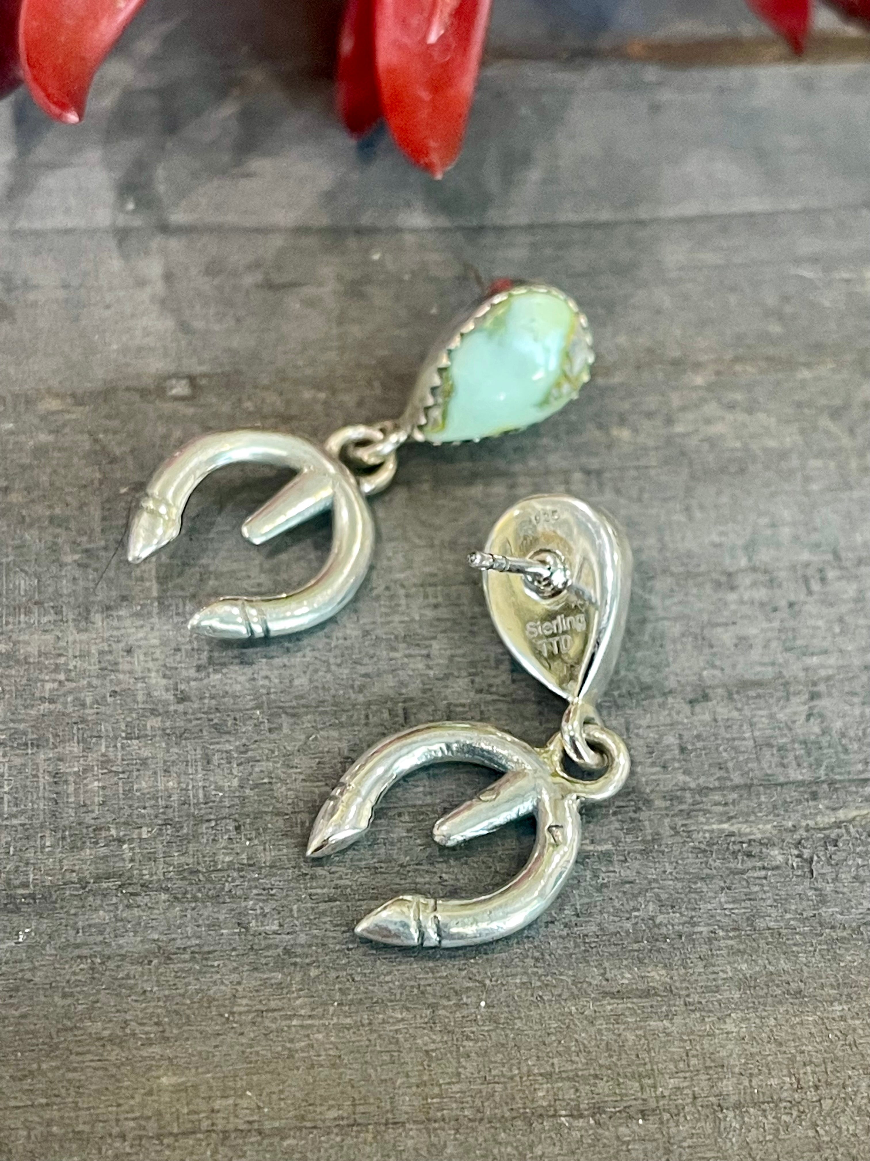 Southwest Handmade Palomino Variscite & Sterling Silver Post Dangle Naja Earrings