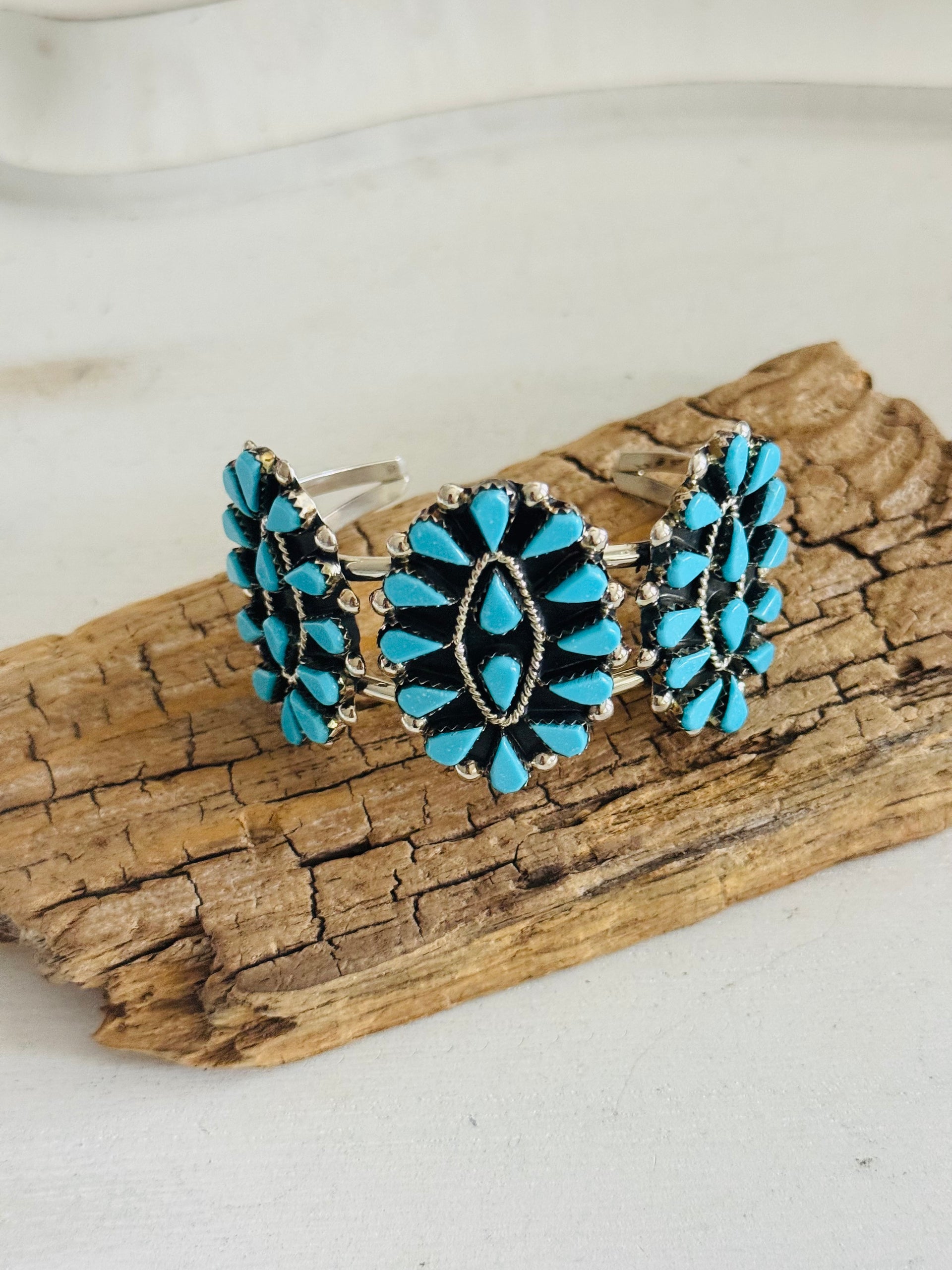 Zuni Made Kingman Turquoise & Sterling Silver Petite Cluster Cuff Bracelet
