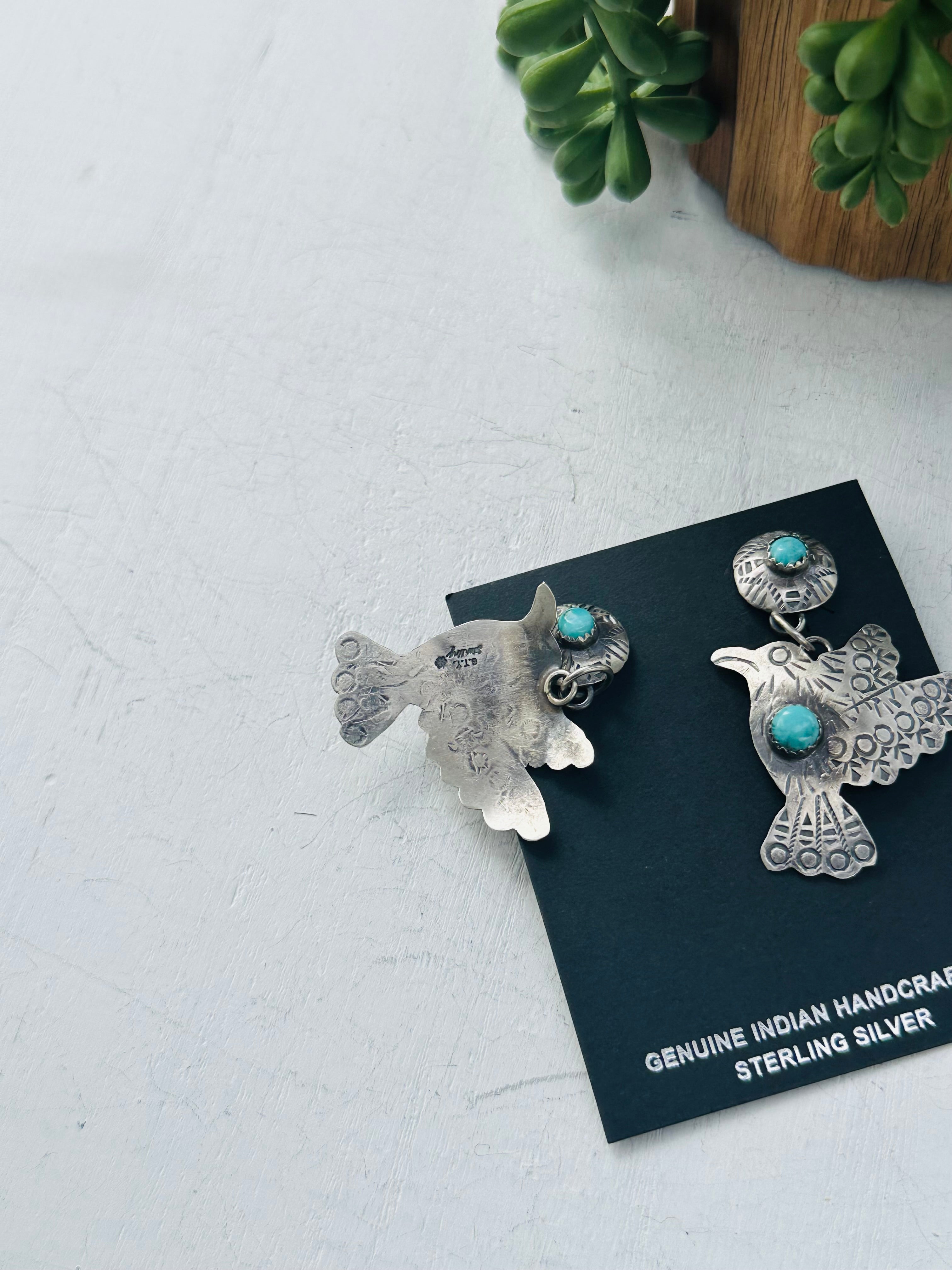 Tonya Yazzie Kingman Turquoise & Sterling Silver Hummingbird Dangle Earrings