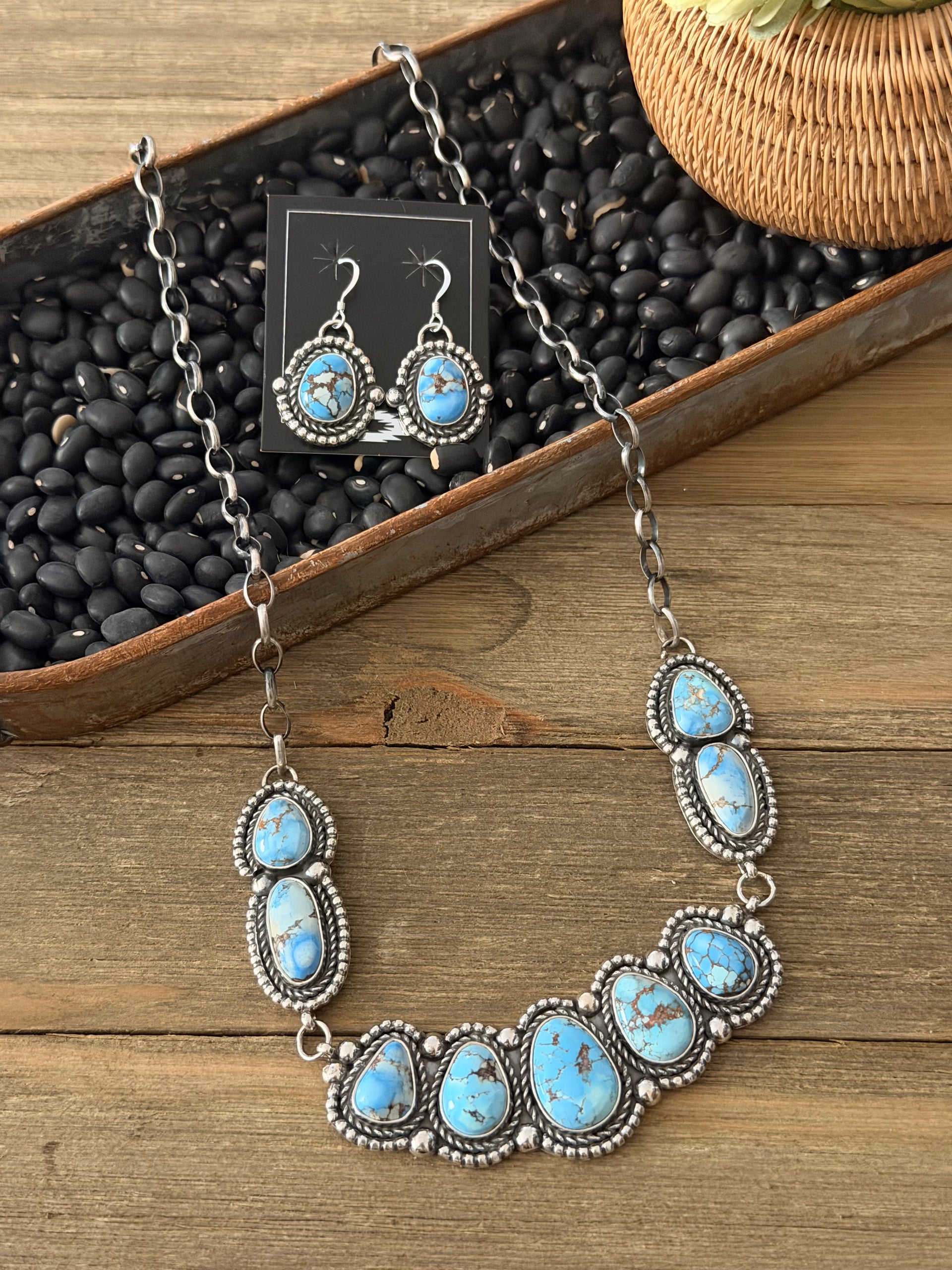 Fred Francis Golden Hills Turquoise  & Sterling Silver Bar Cluster Necklace Set
