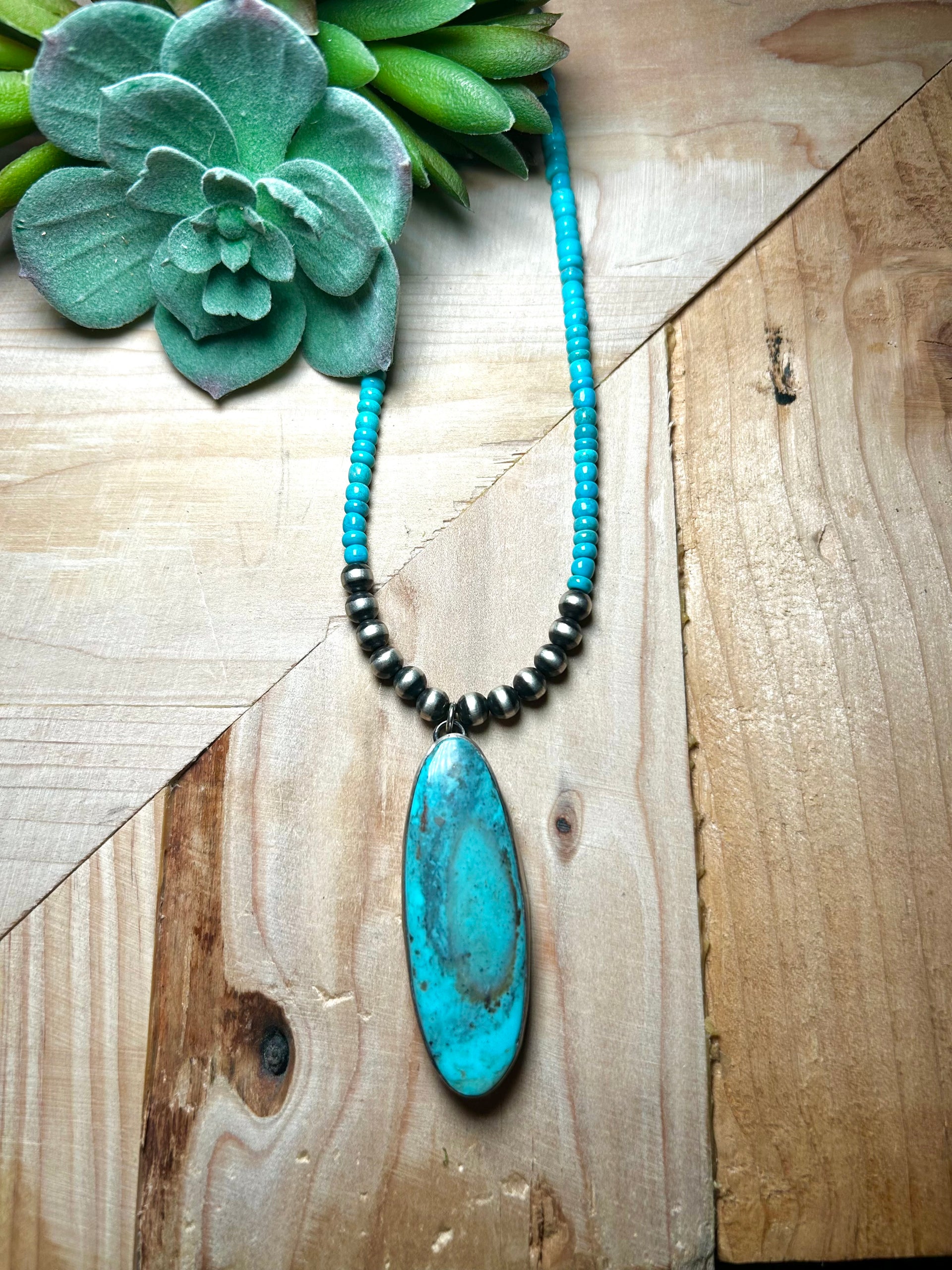 Navajo Made Kingman Turquoise & Sterling Silver Necklace
