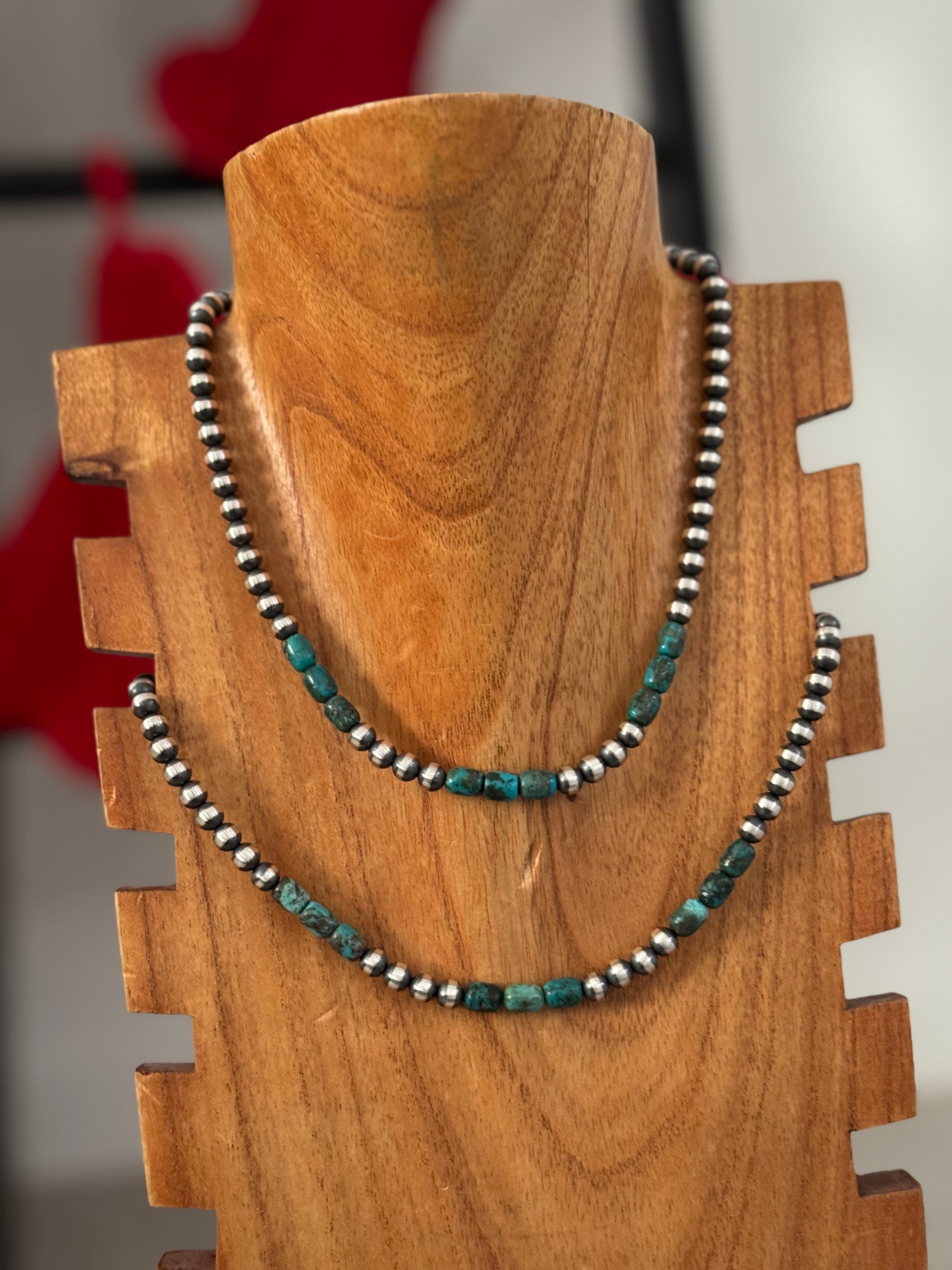 Navajo Strung Egyptian Turquoise & Sterling Silver Graduated Pearl Necklace