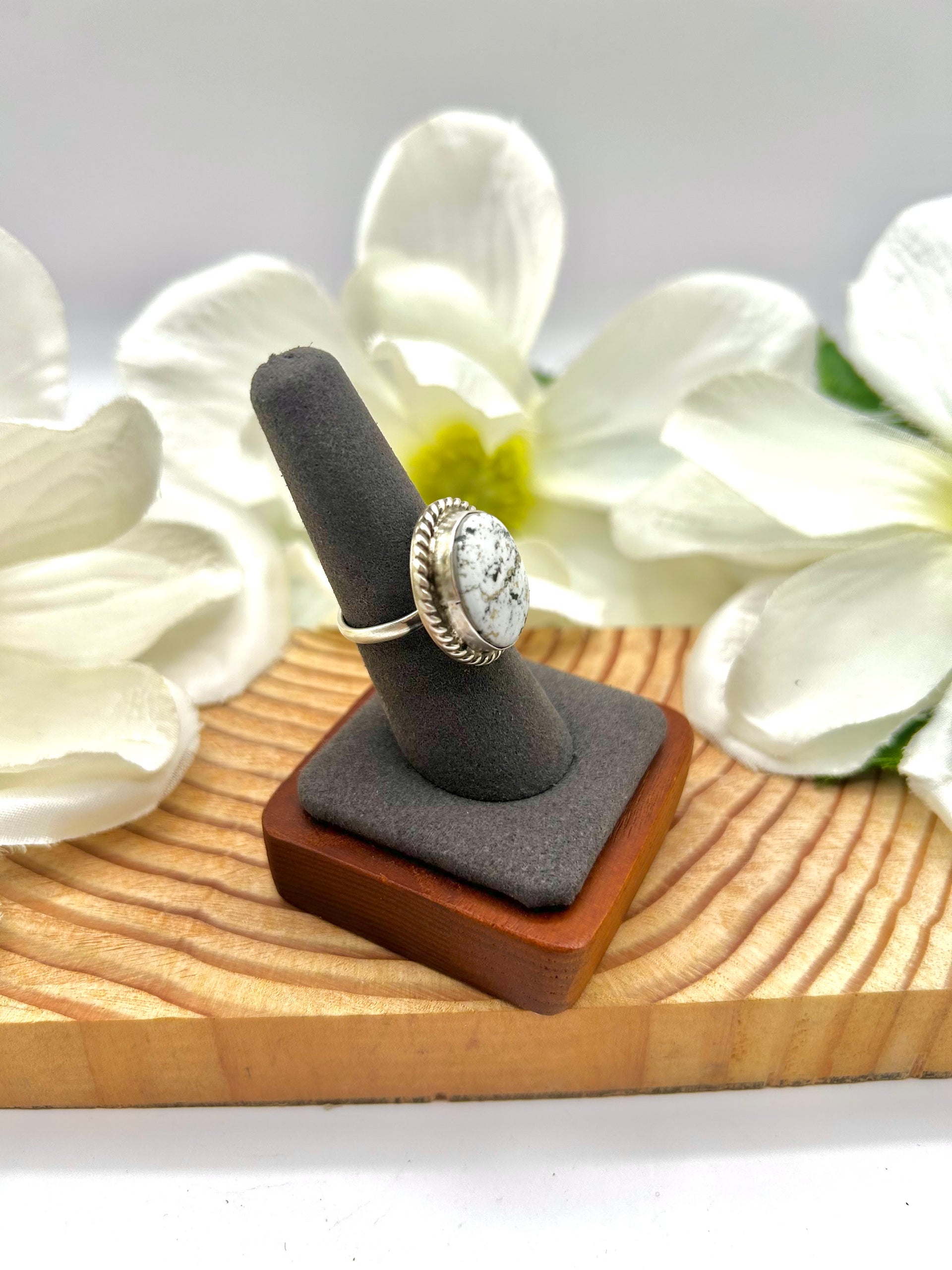 Navajo Made White Buffalo & Sterling Silver Adjustable Ring