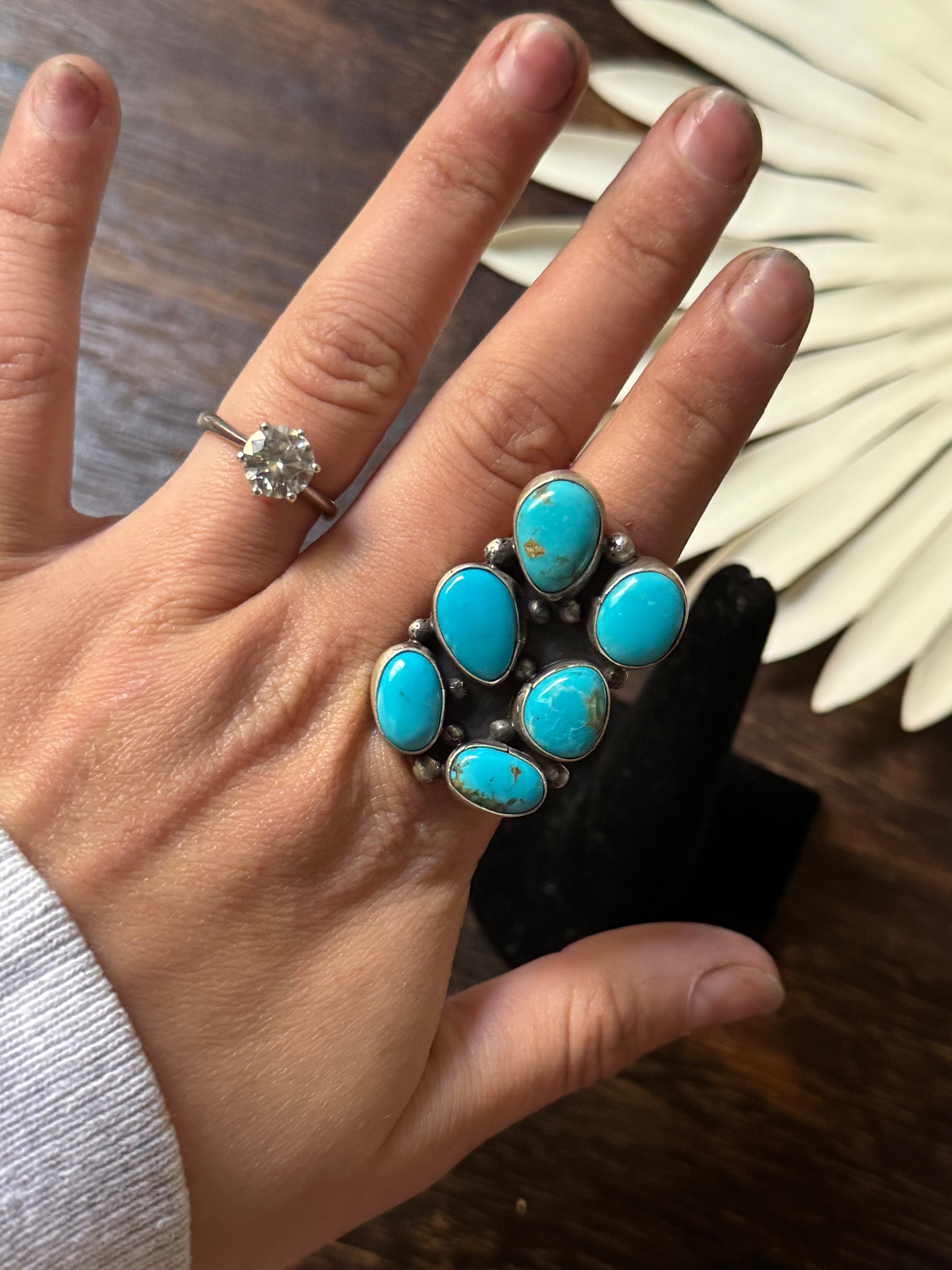 Navajo Made Kingman Turquoise & Sterling Silver Cluster Ring Size 7.75