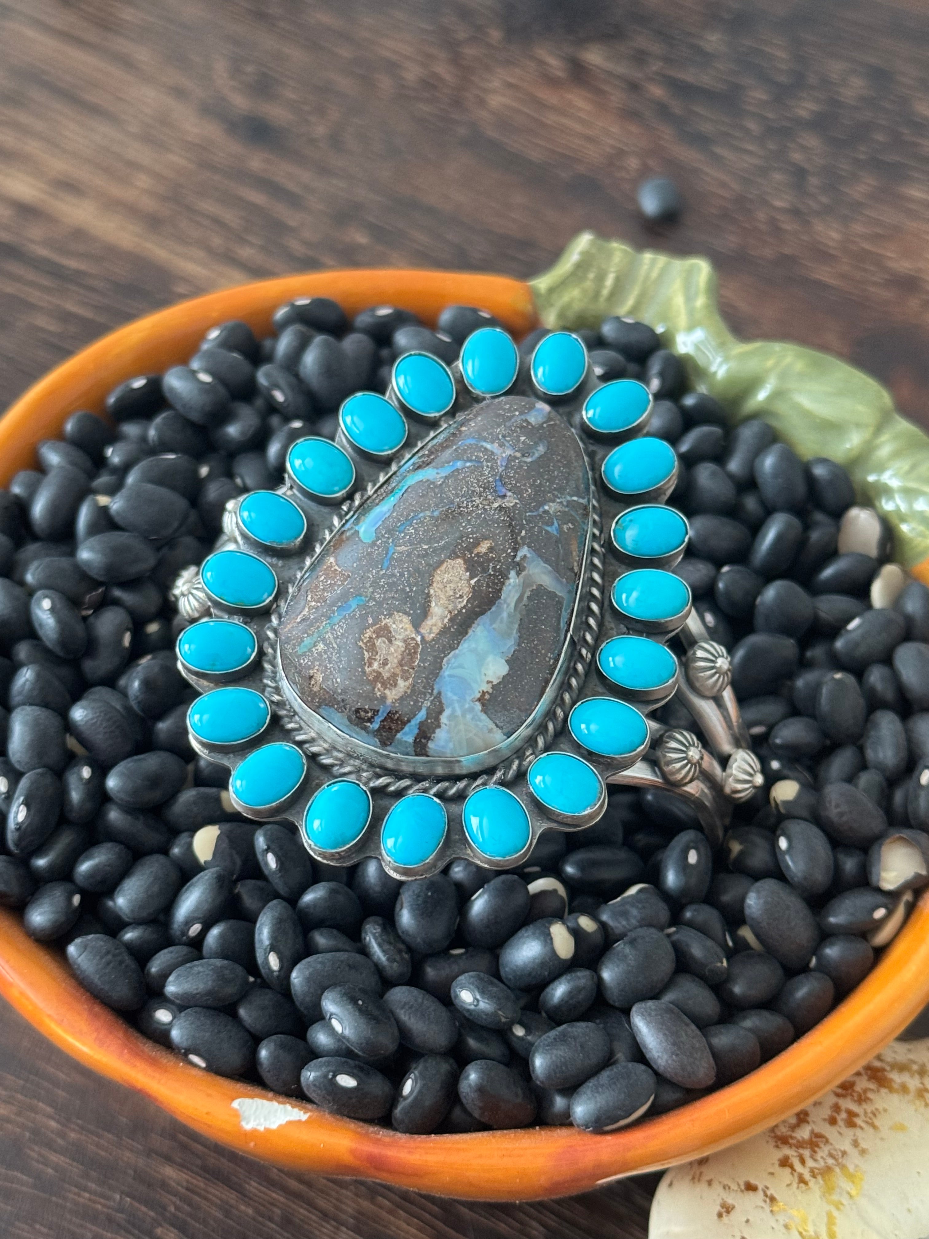 Navajo Made Multi Stone & Sterling Silver Cluster Cuff Bracelet