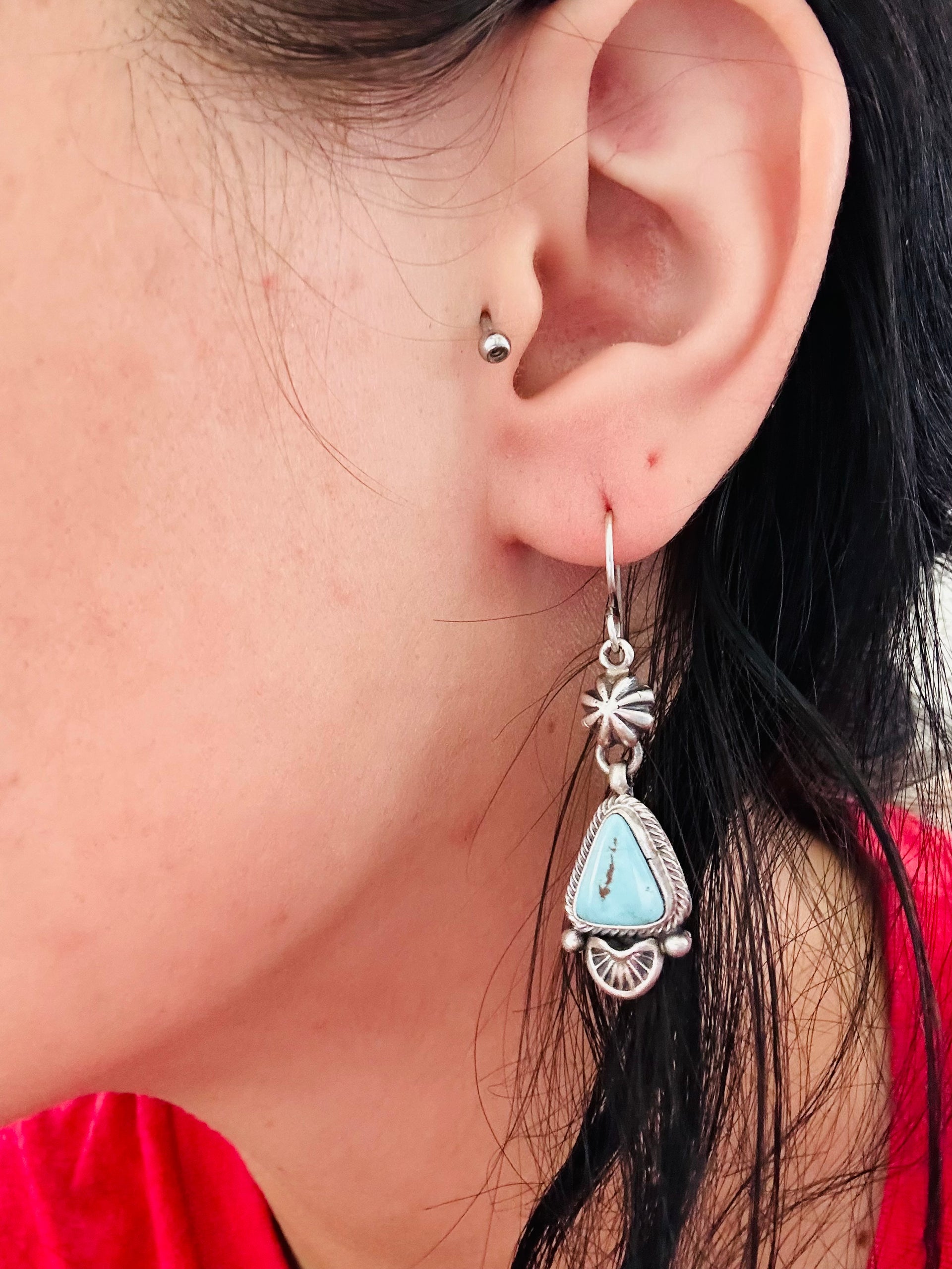 Navajo Made Dry Creek Turquoise & Sterling Silver Dangle Earrings