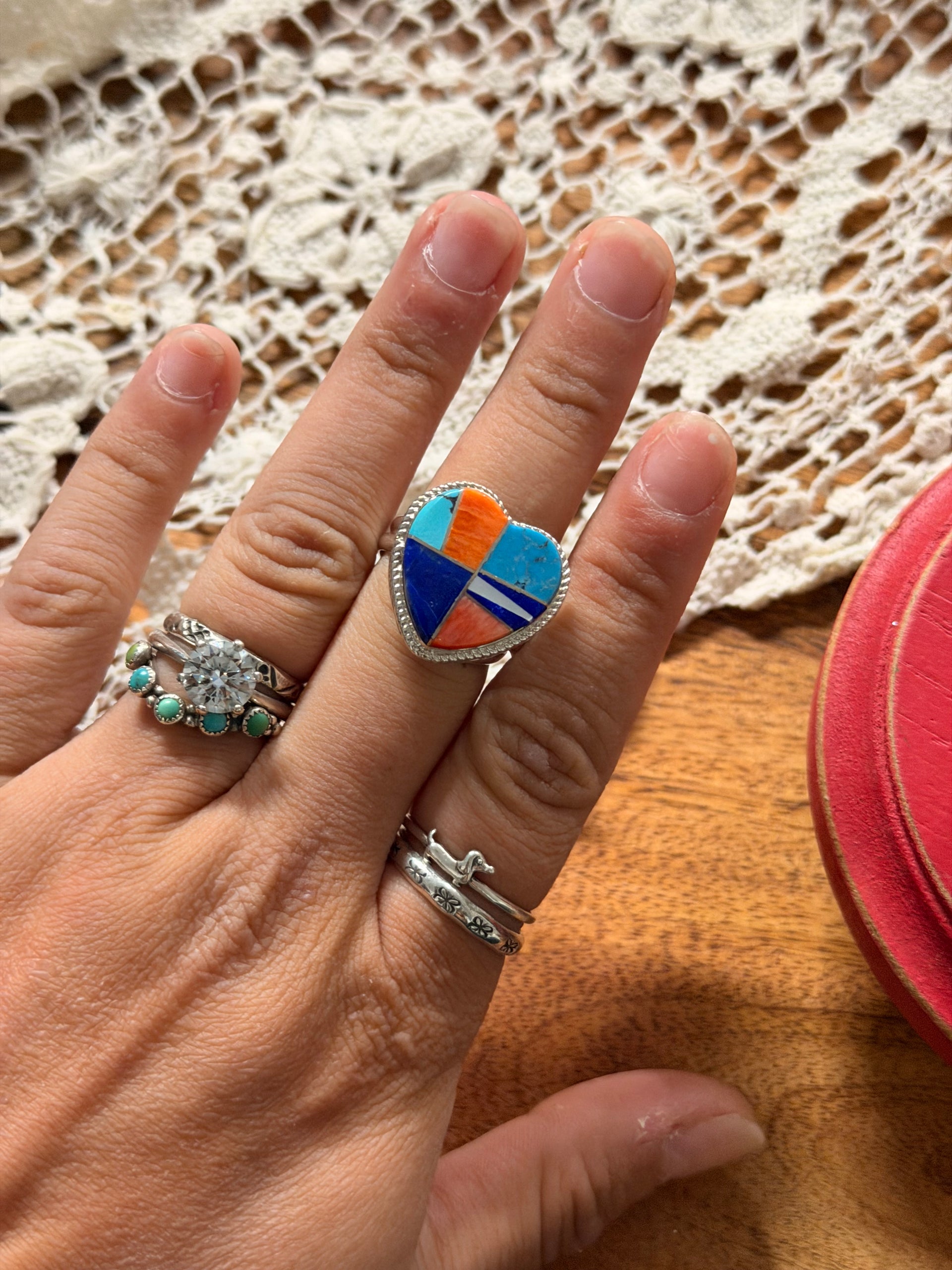 Charles Johnson Multi Stone & Sterling Silver Adjustable Inlay Heart Ring