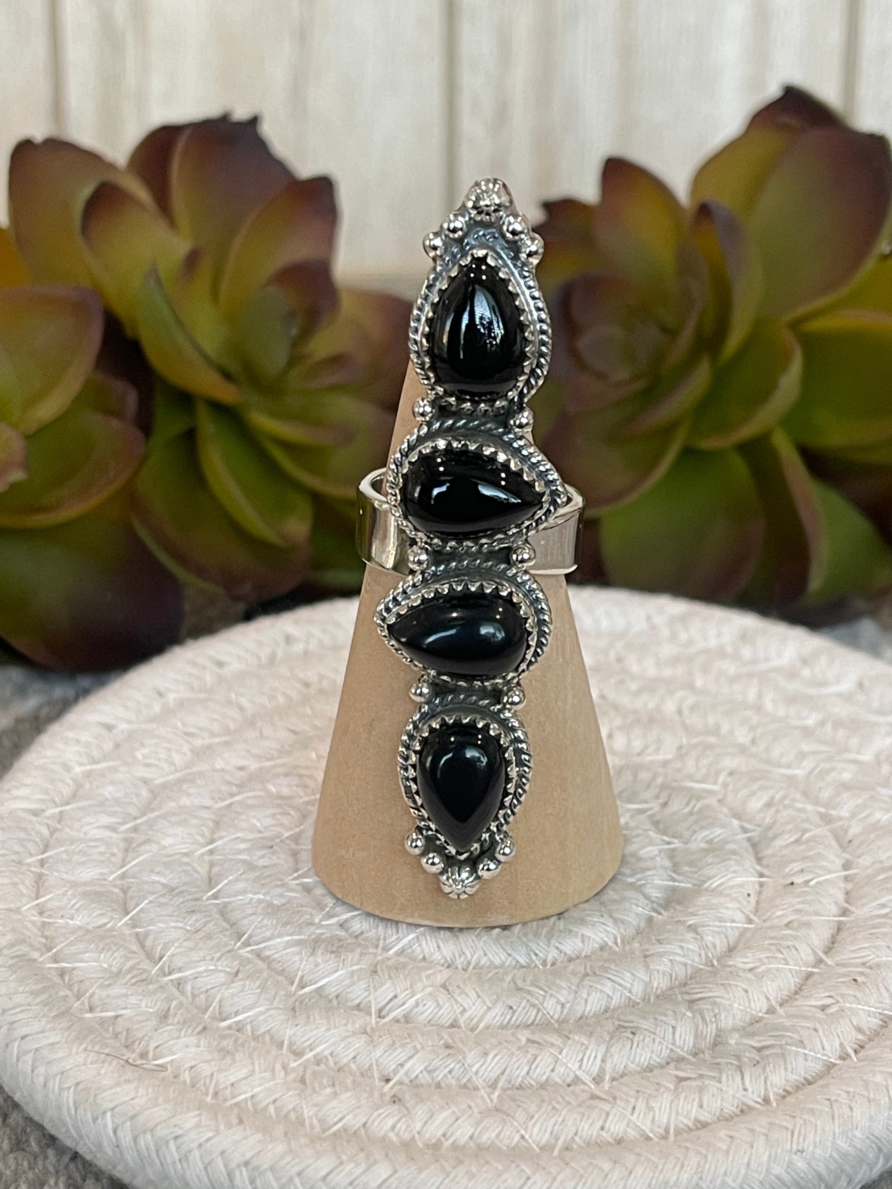 Southwest Handmade Black Onyx & Sterling Silver Adjustable 4 Stone Ring