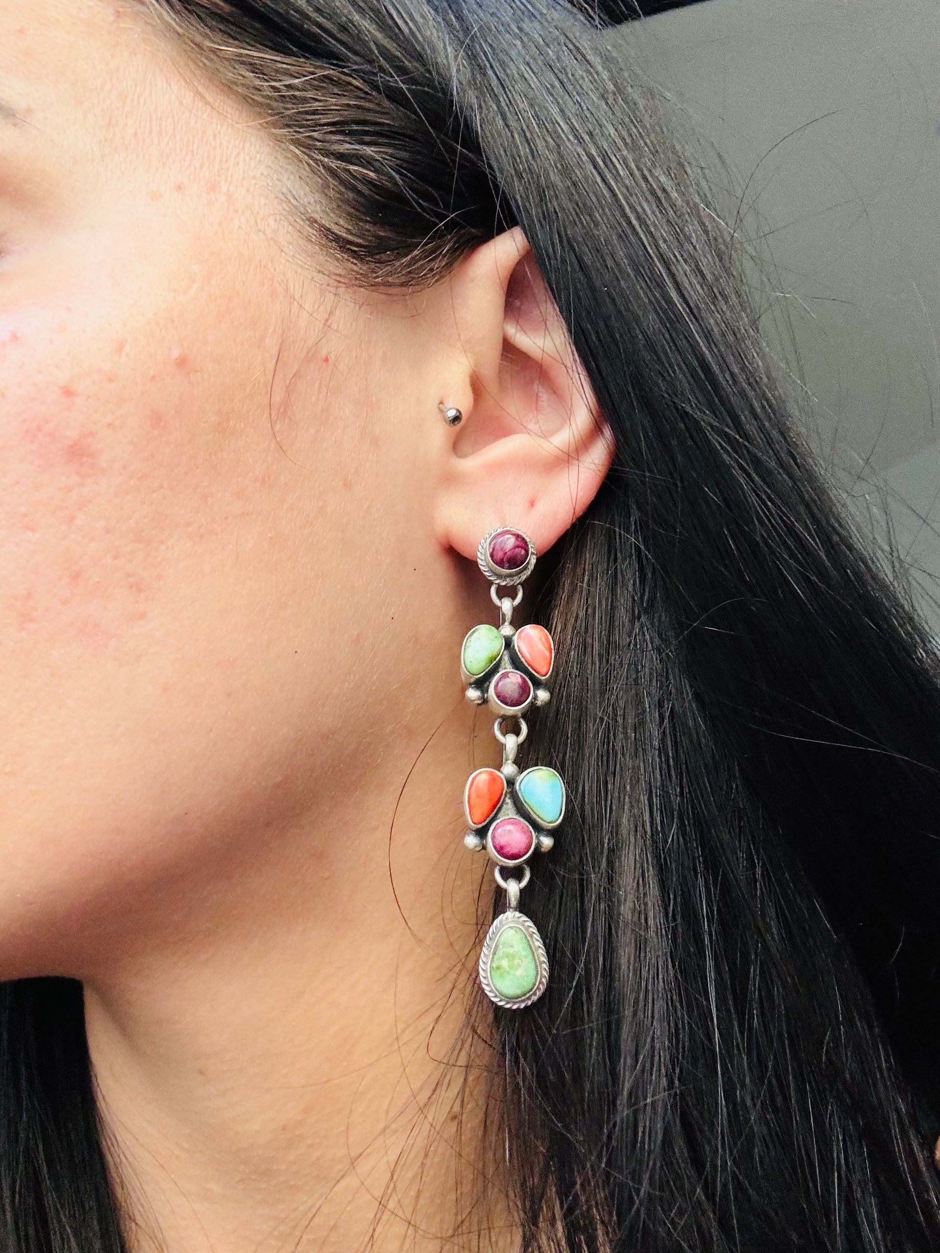 Navajo Made Multi Stone & Sterling Silver Post Dangle Earrings