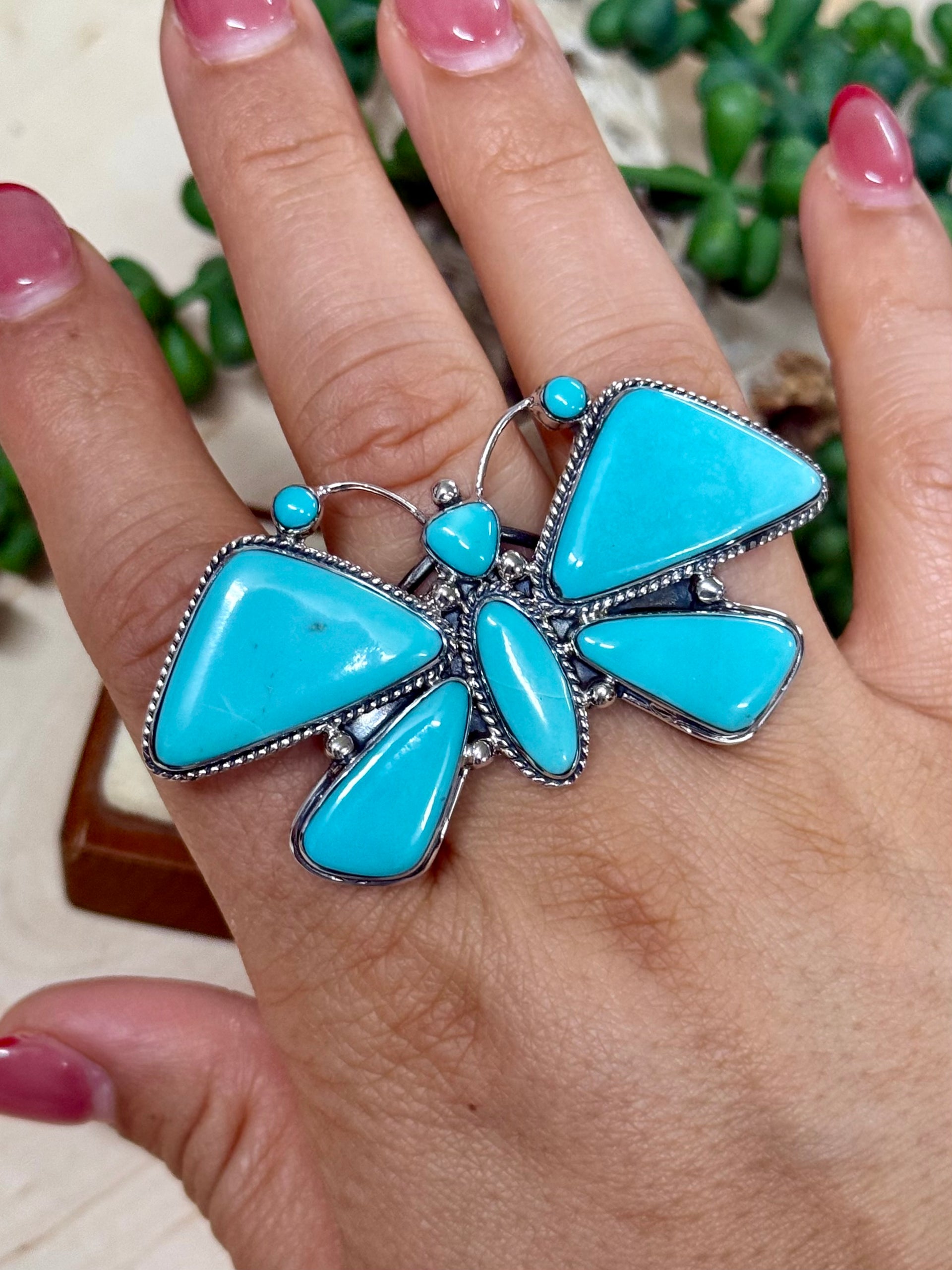 Southwest Handmade Kingman Turquoise & Sterling Silver Butterfly Ring Size 9.25