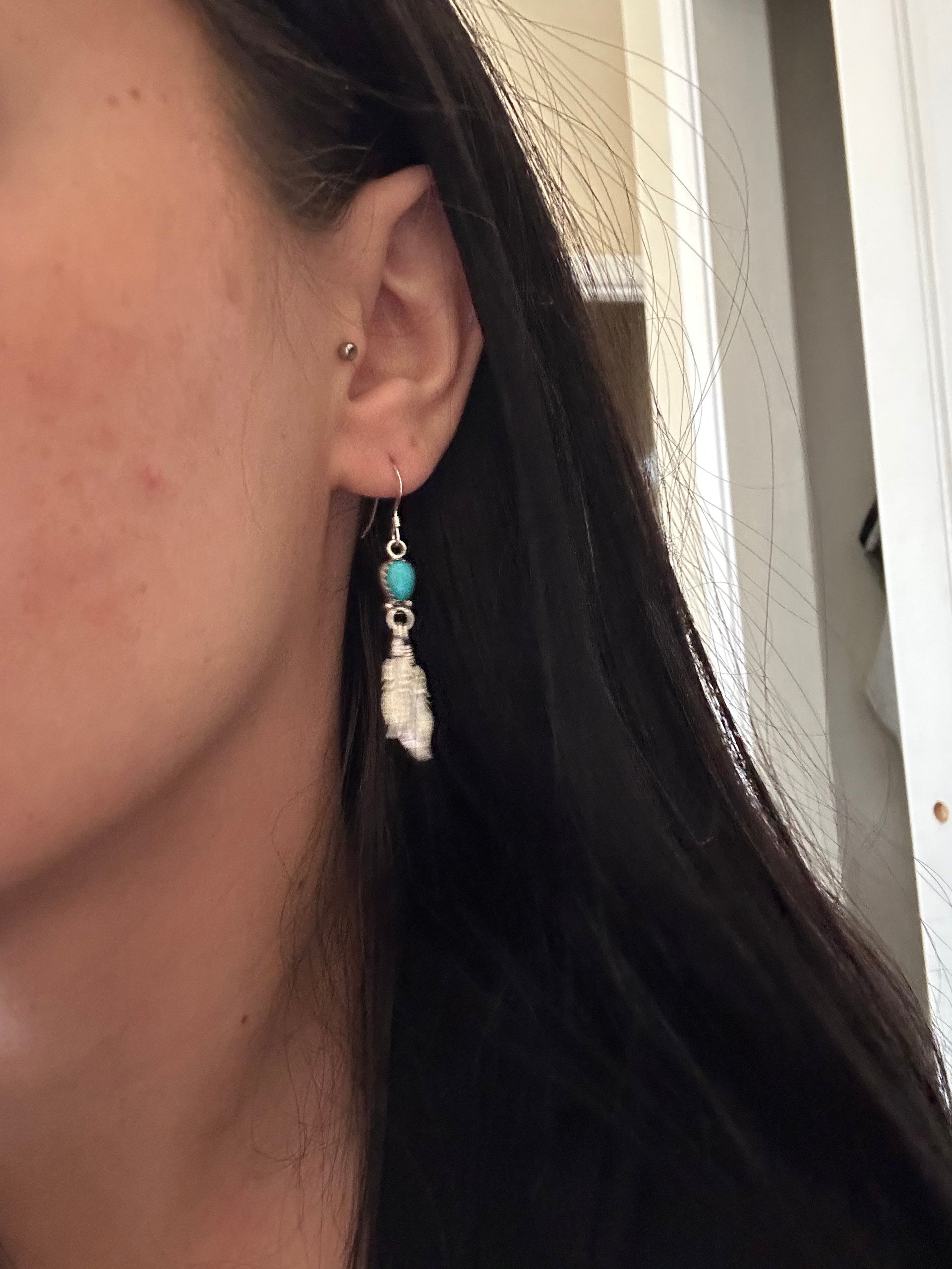 Navajo Made Kingman Turquoise  & Sterling Silver Feather Dangle Earrings