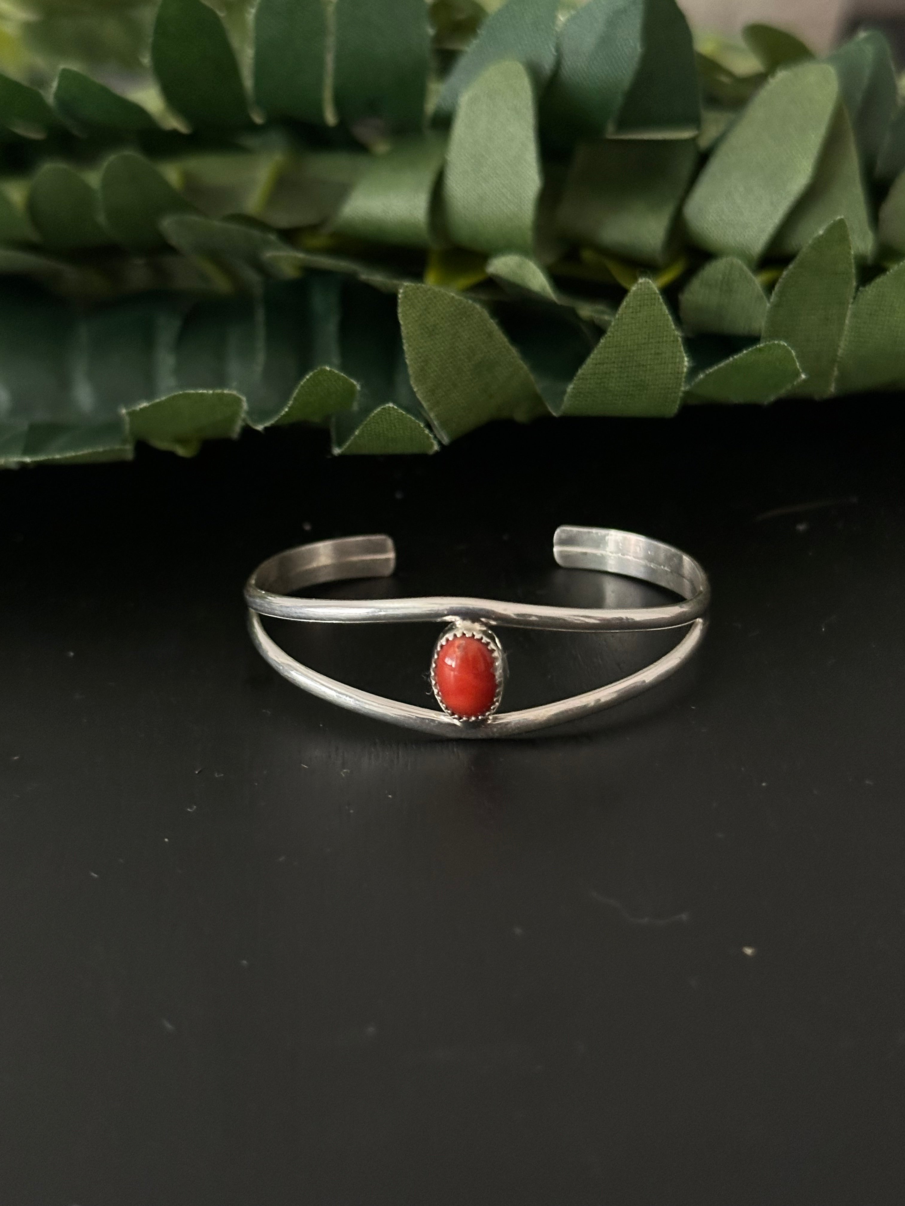 Navajo Made Coral and Sterling Silver BABY Cuff Bracelet