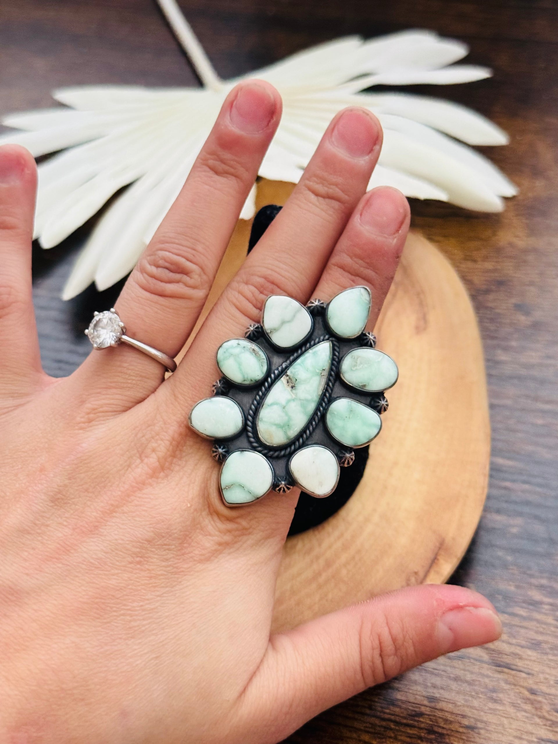 Southwest Handmade Paloma Variscite & Sterling Silver Adjustable Cluster Ring
