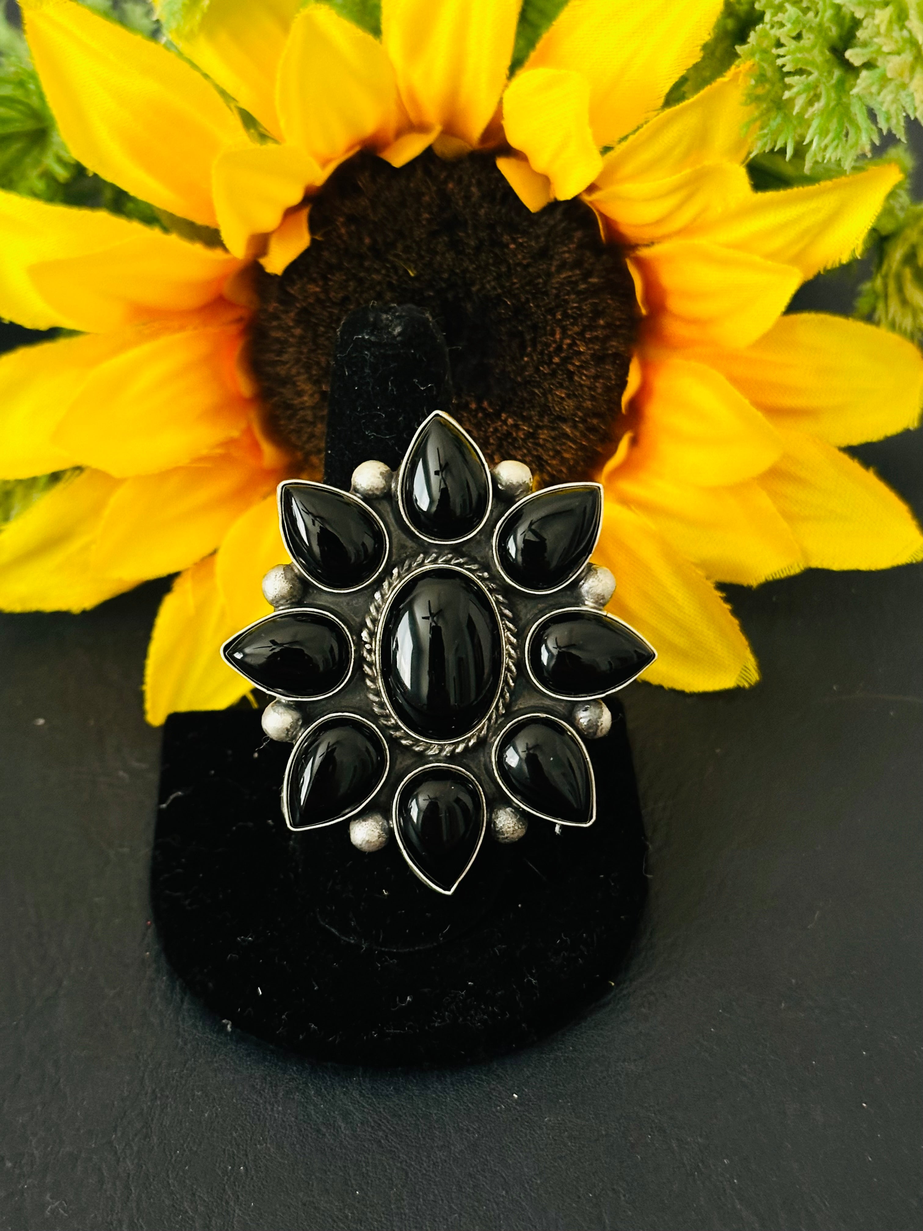 Virginia Sandoval Onyx & Sterling Silver Adjustable Cluster Ring