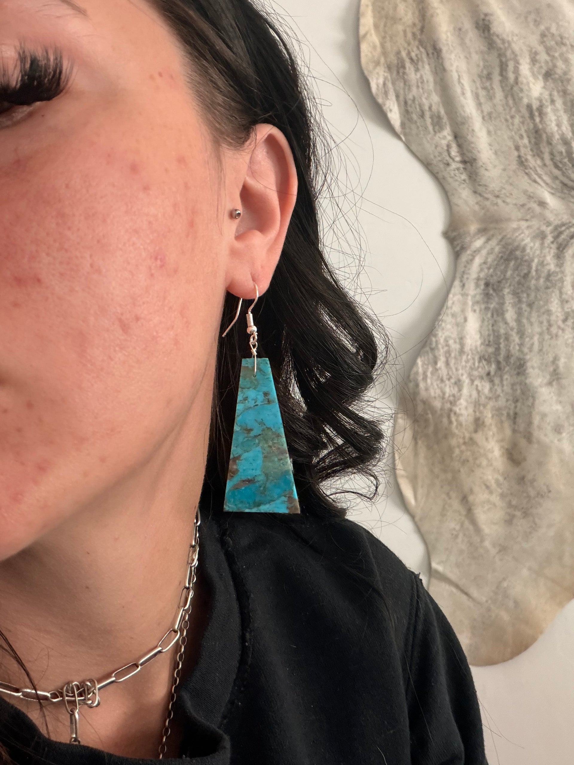 Navajo Made Mohave Turquoise & Sterling Silver Slab Dangle Earrings