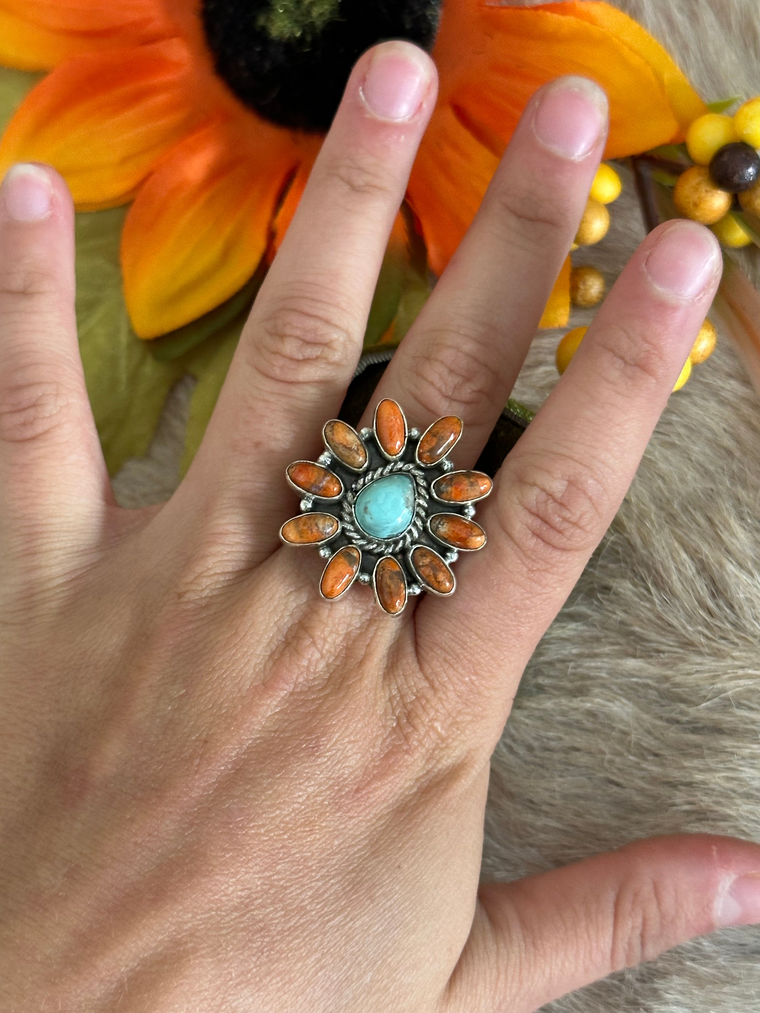 Southwest Handmade Multi Stone & Sterling Silver Adjustable Ring