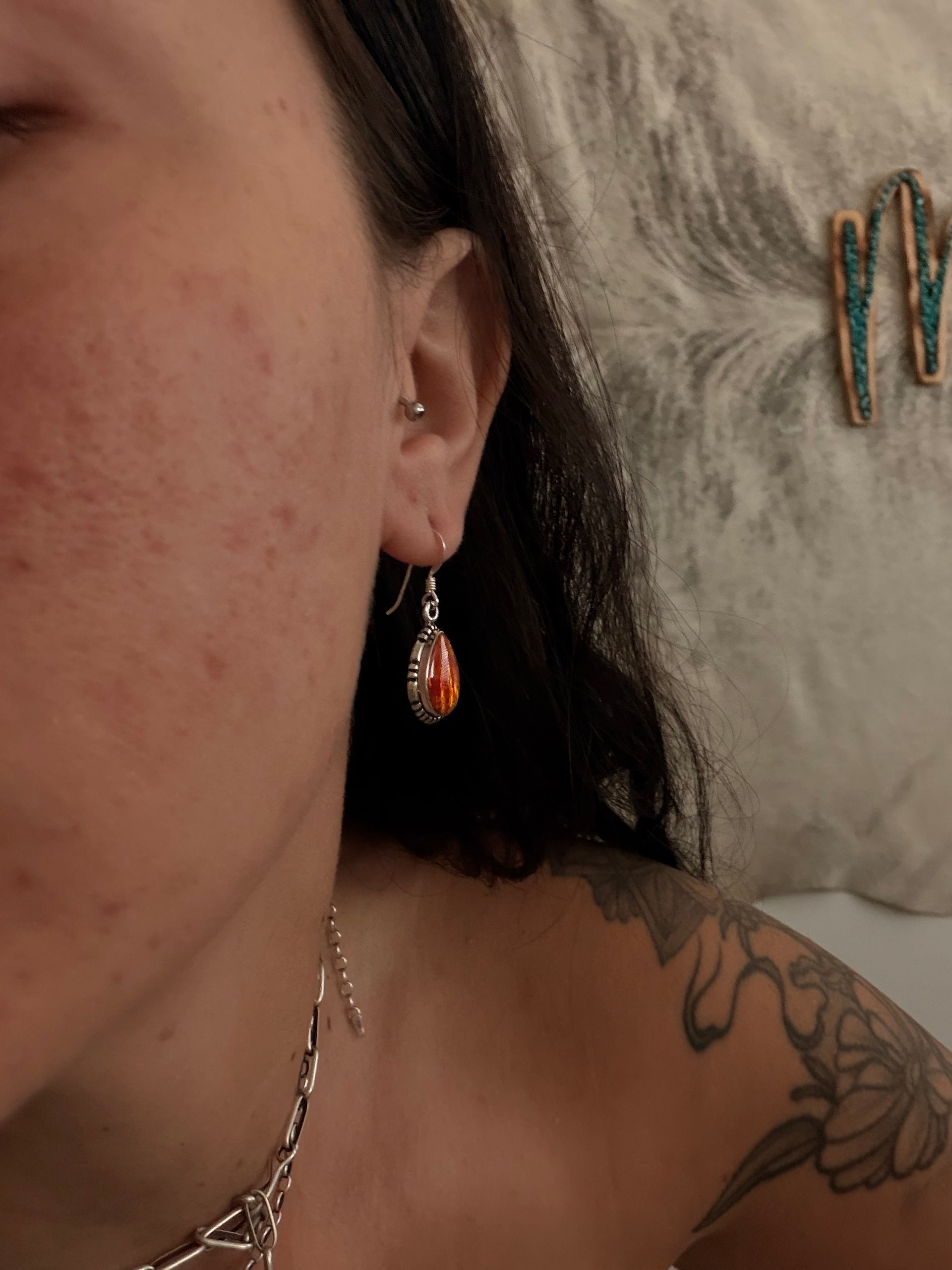 Navajo Made Orange Opal (Man Made) & Sterling Silver Dangle Earrings