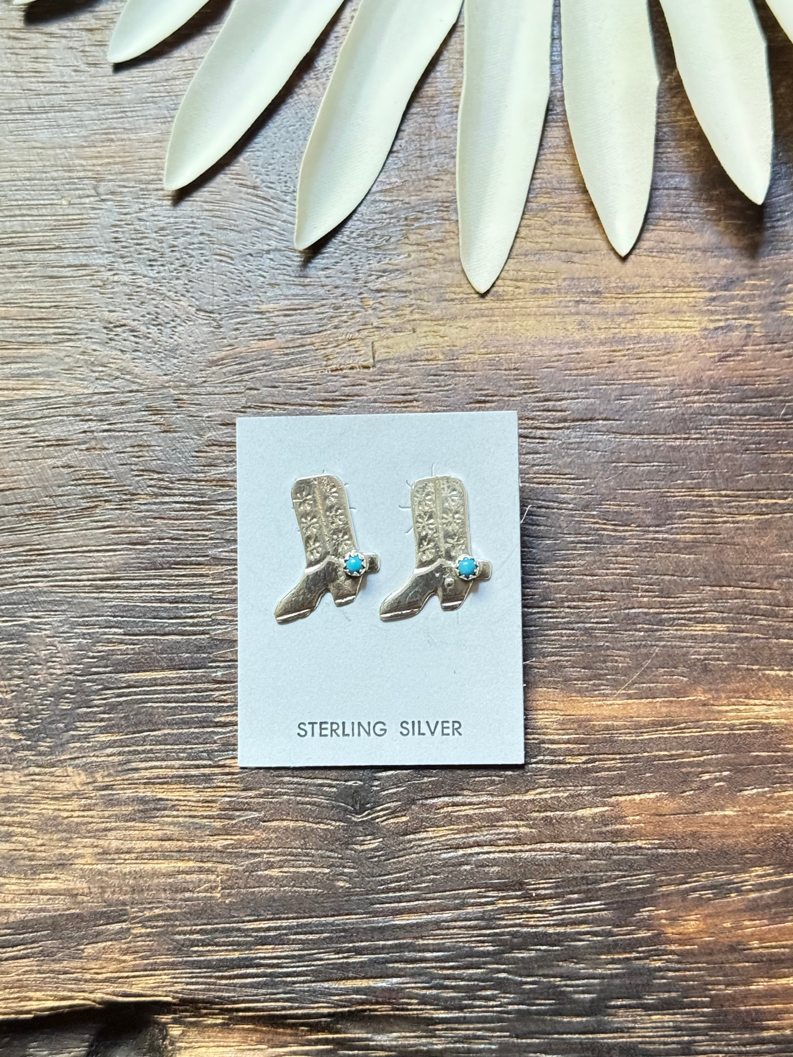 Navajo Made Kingman Turquoise & Sterling Silver Post Cowboy Boot Earrings