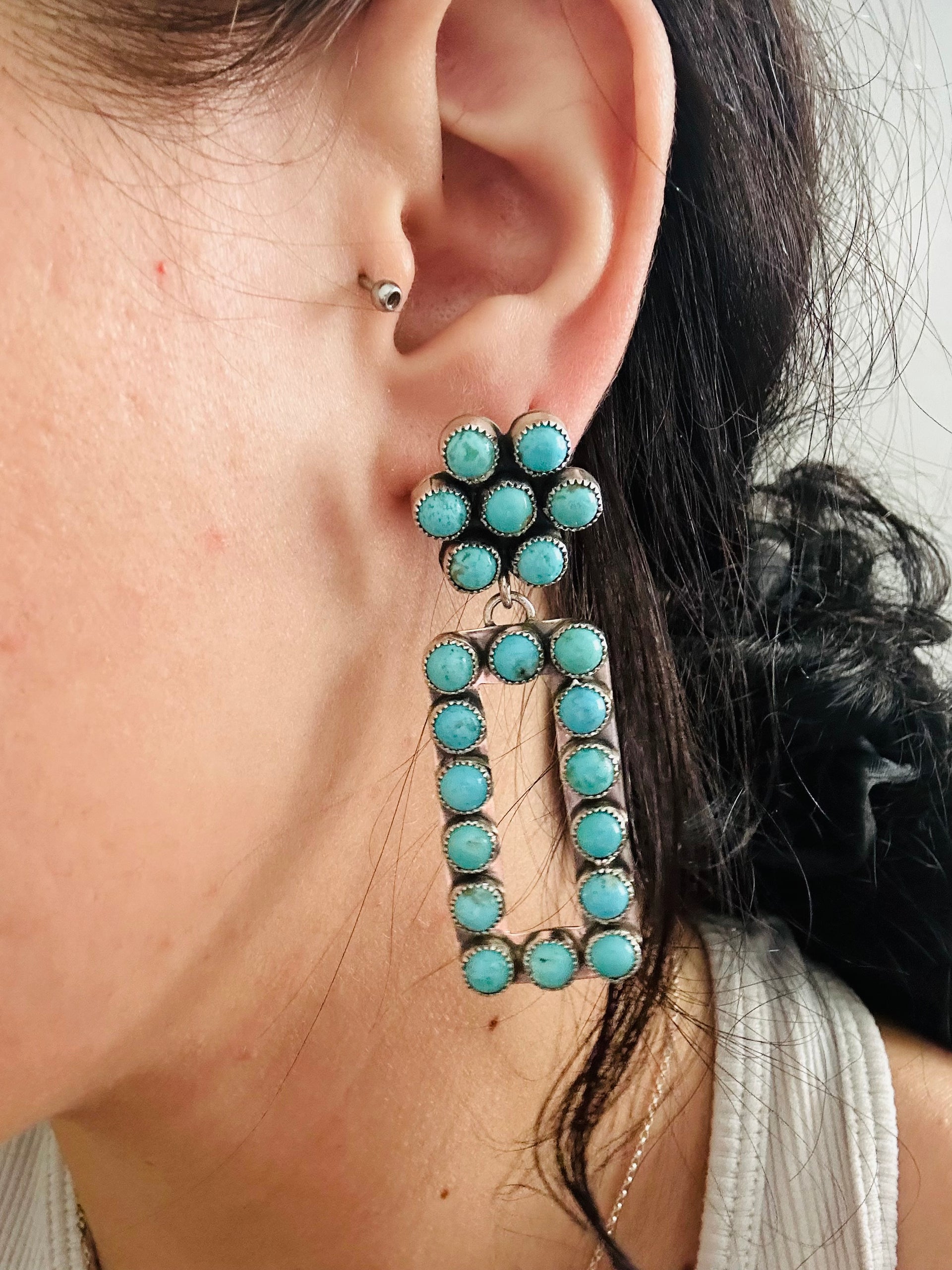 Navajo Handmade Kingman Turquoise & Sterling Silver Post Dangle Earrings