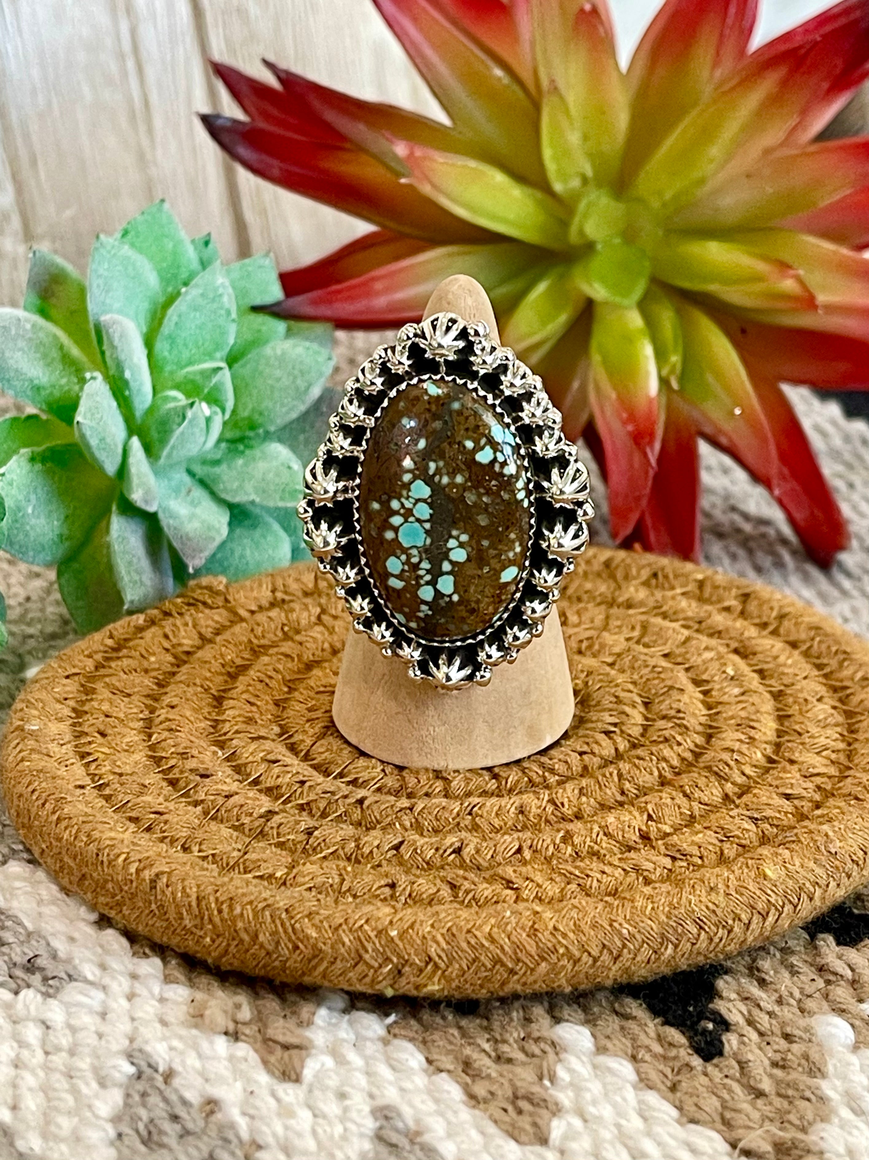 Southwest Handmade Number 8 Turquoise & Sterling Silver Adjustable Ring