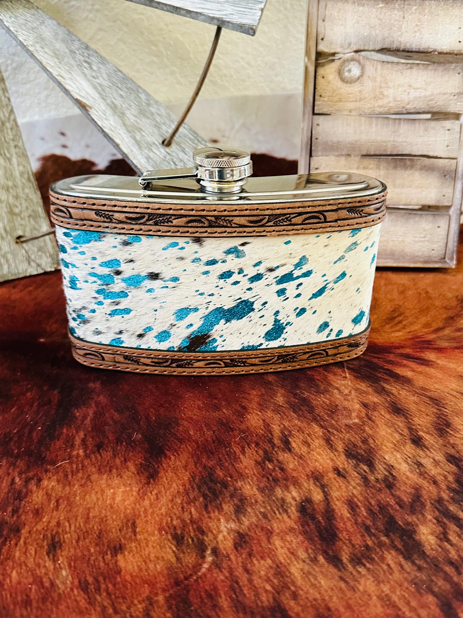 Genuine Tooled Leather & Cowhide 24 oz Flask
