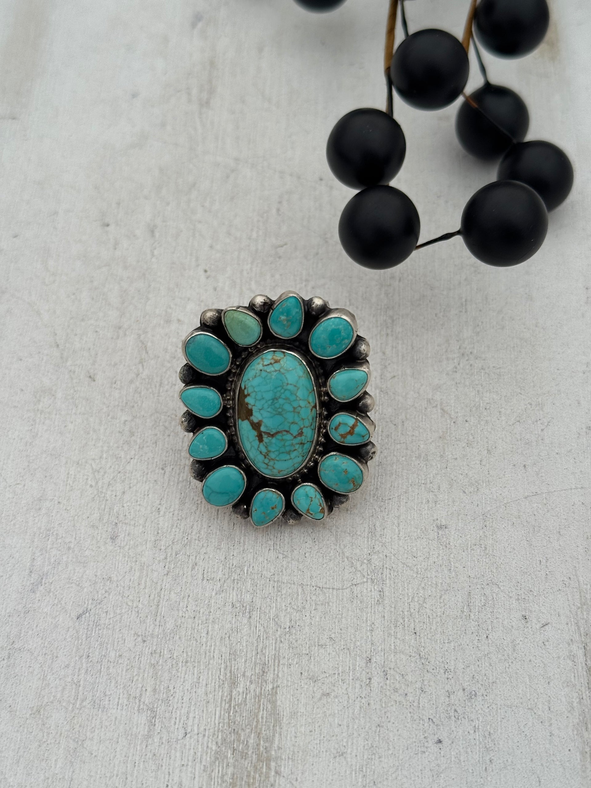 Navajo Made Mine 8 Turquoise & Sterling Silver Adjustable Cluster Ring