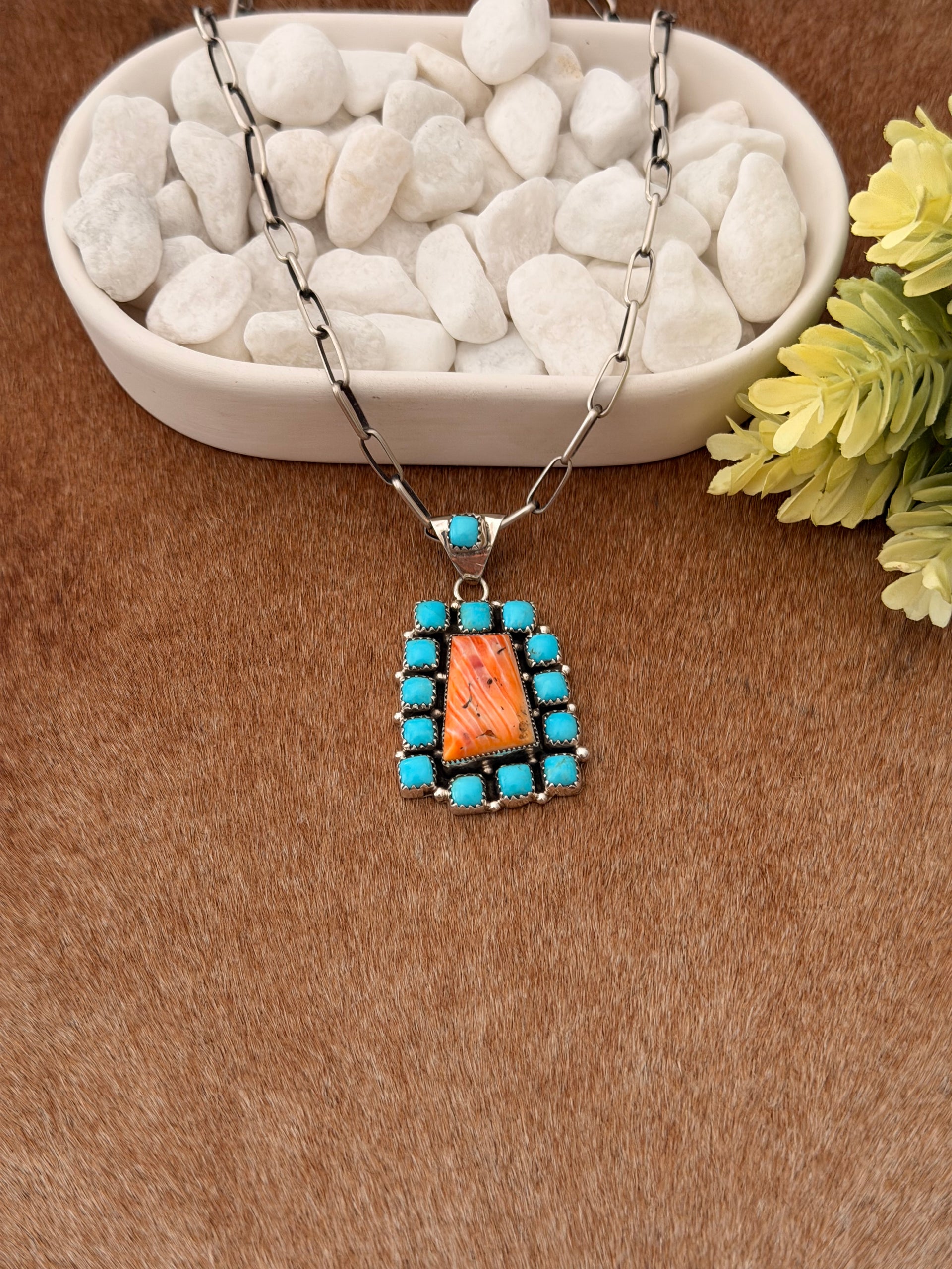 Navajo Made Multi Stone & Sterling Silver Cluster Pendant