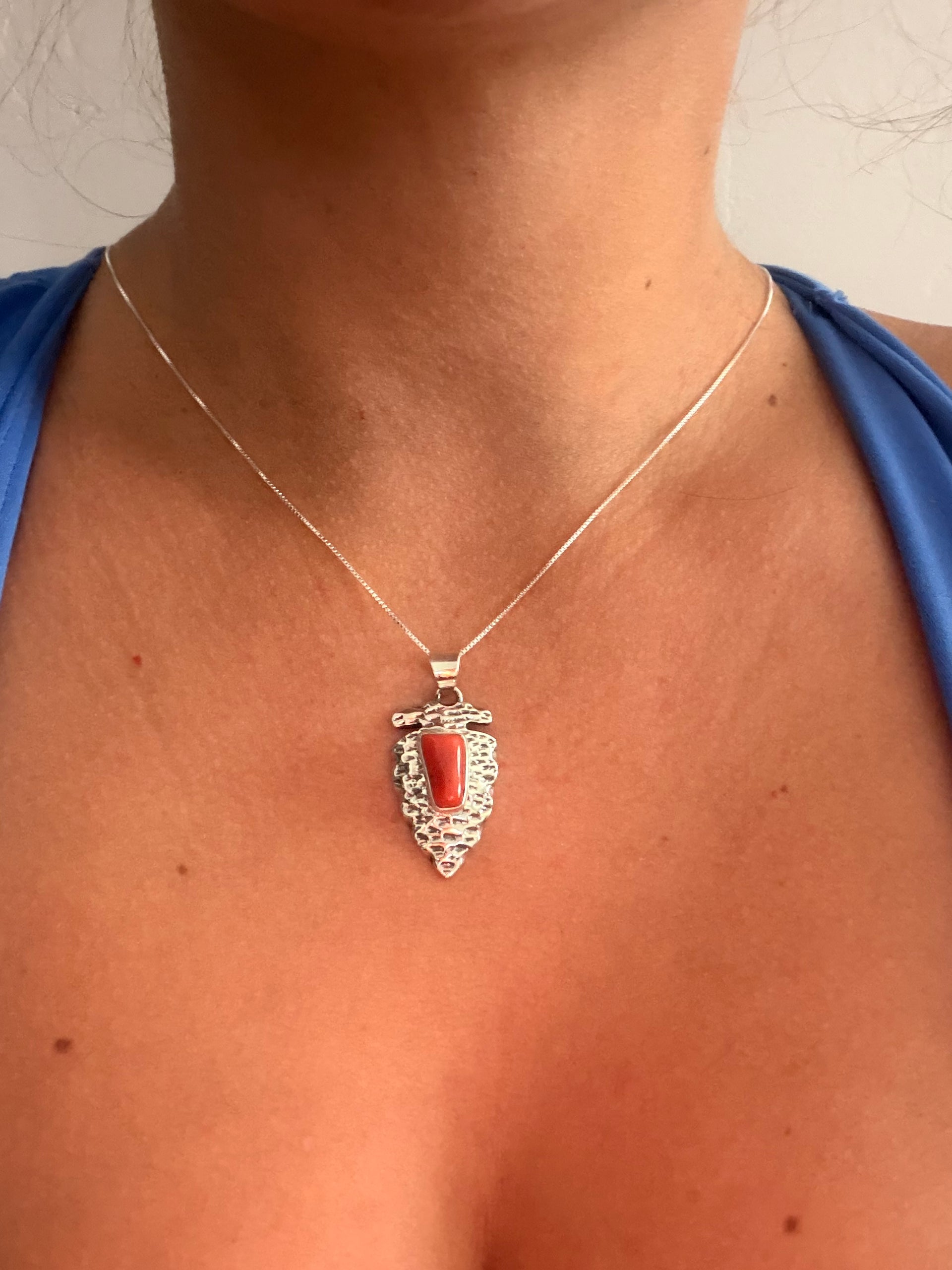 Navajo Made Mediterranean Coral & Sterling Silver Arrow Necklace