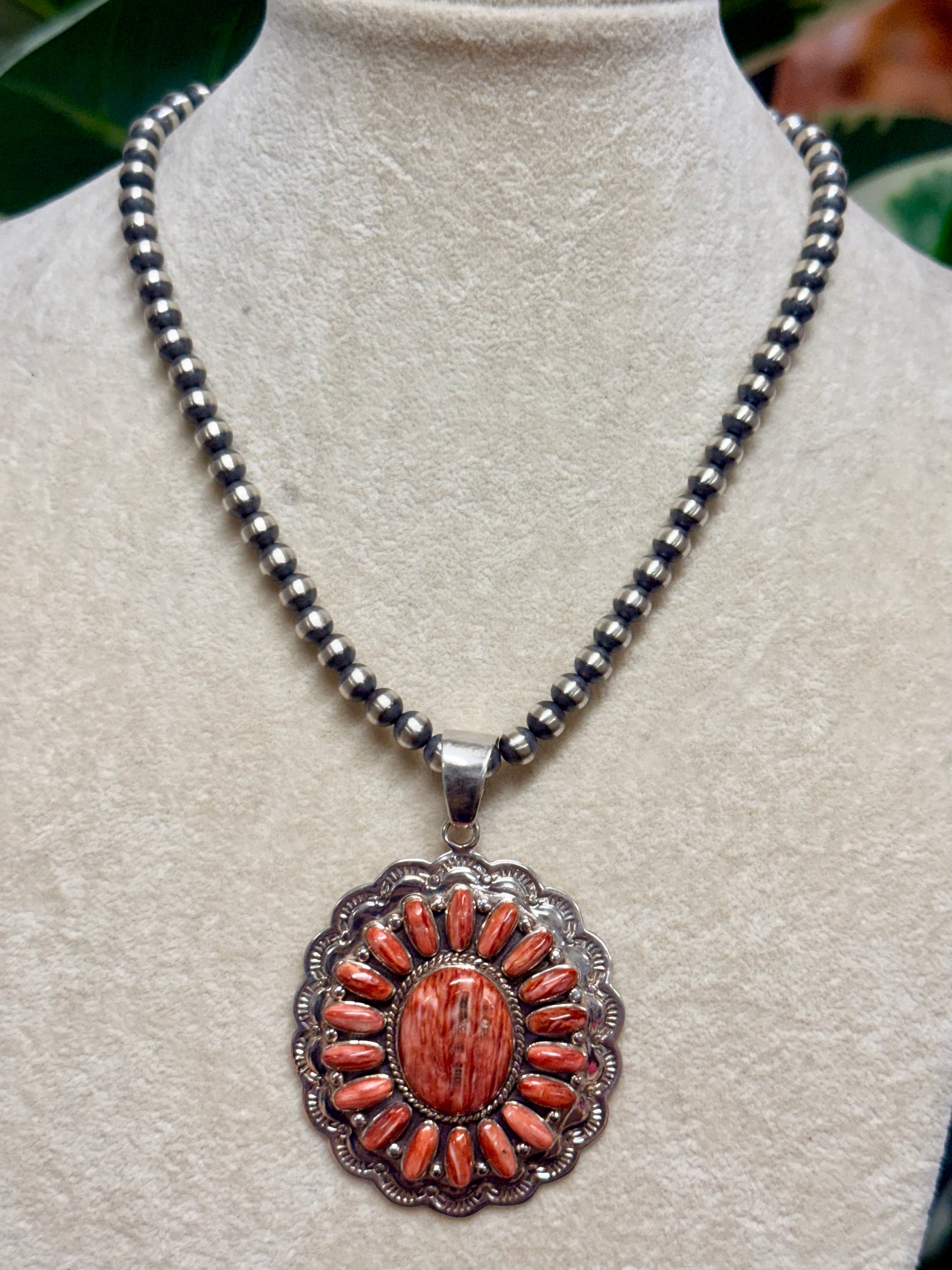 Southwest Handmade Red Spiny Oyster & Sterling Silver Pendant Set