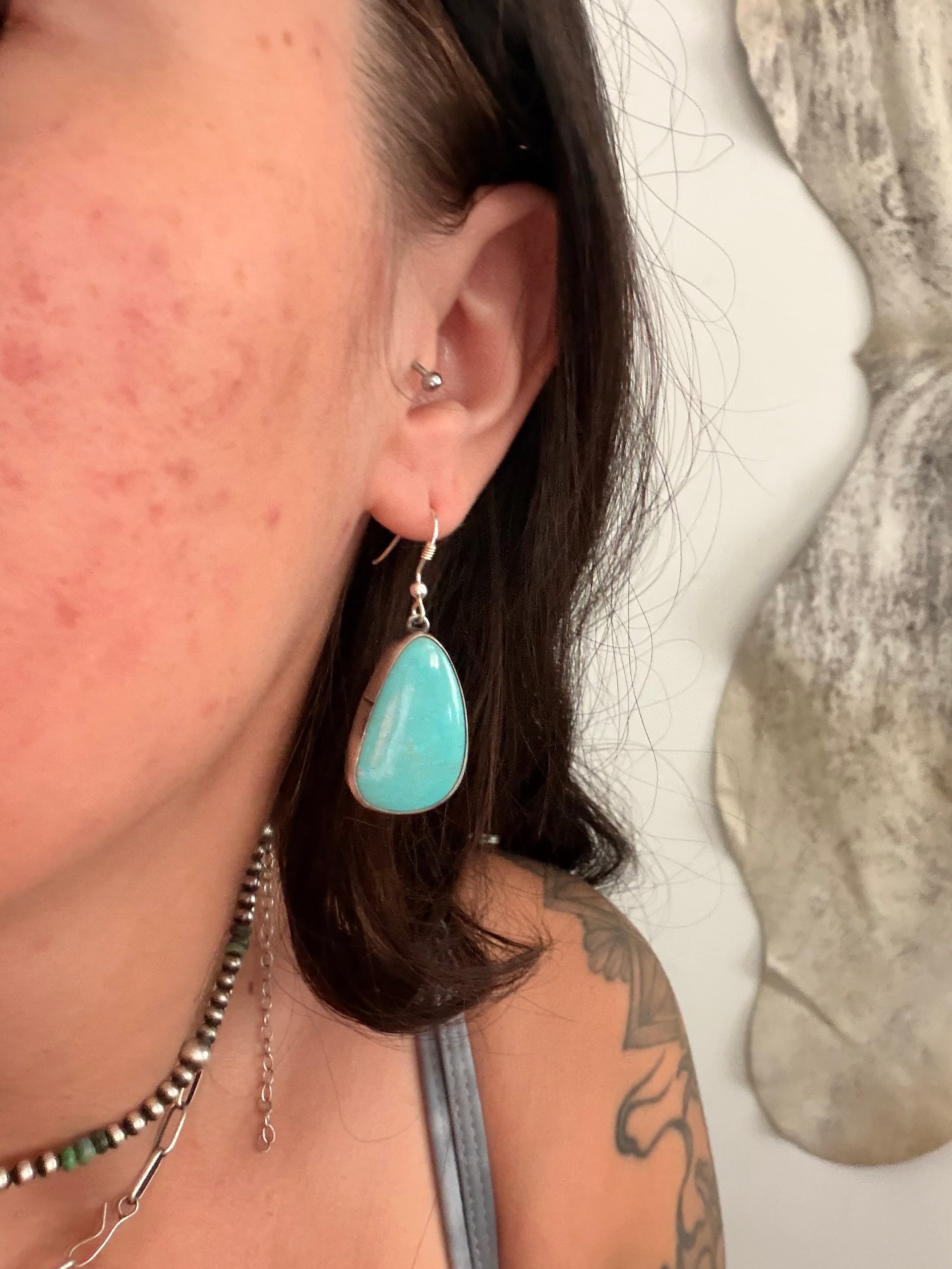 Navajo Made Kingman Turquoise & Sterling Silver Dangle Earrings