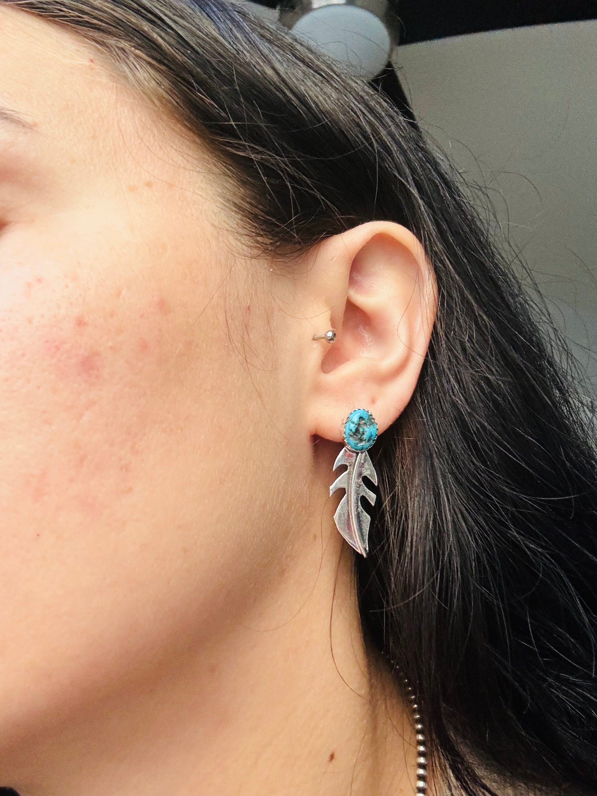 Navajo Made Kingman Turquoise & Sterling Silver Post Dangle Earrings