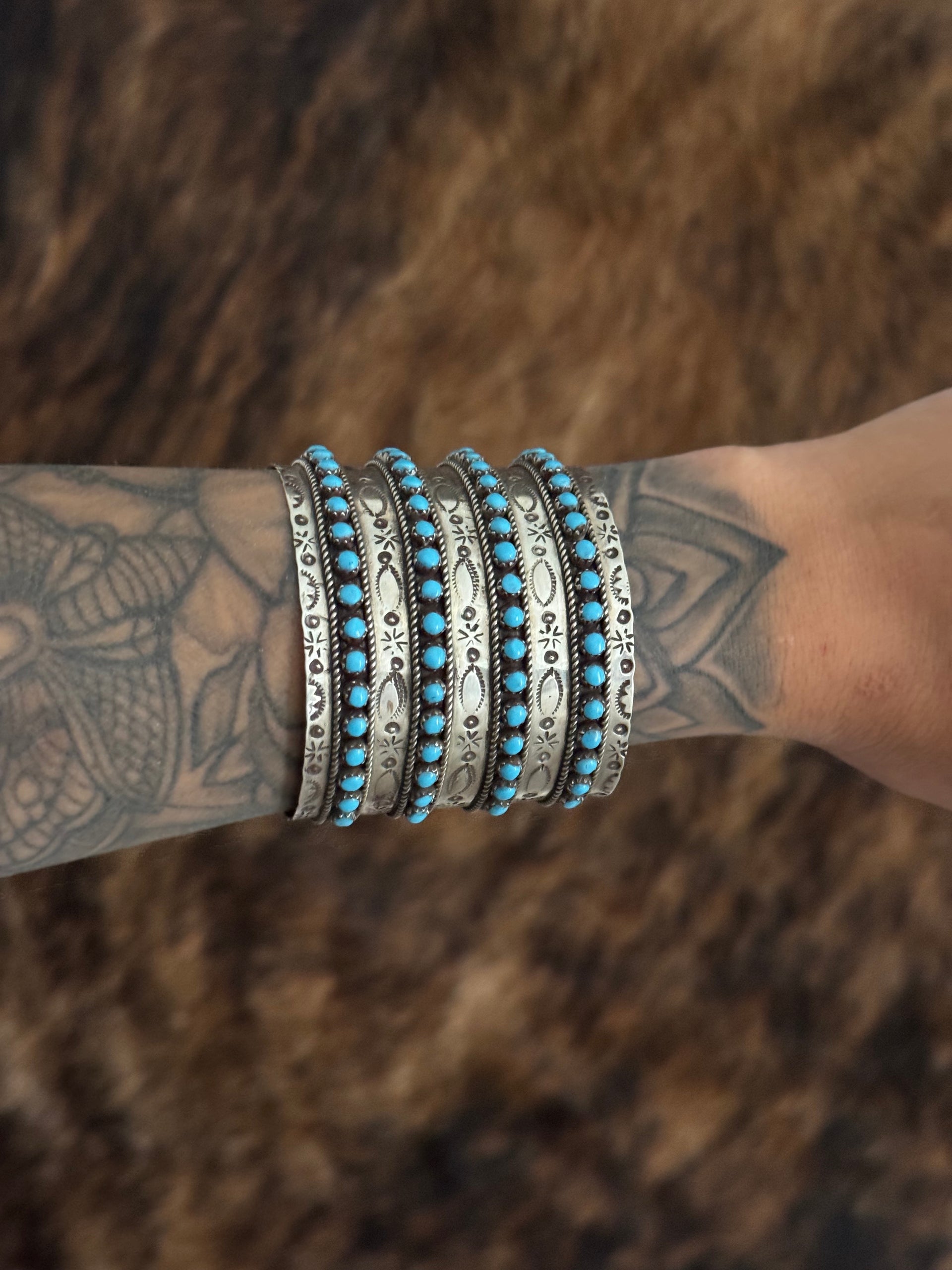 Zuni Made Kingman Turquoise & Sterling Silver Petite Cluster Cuff Bracelet