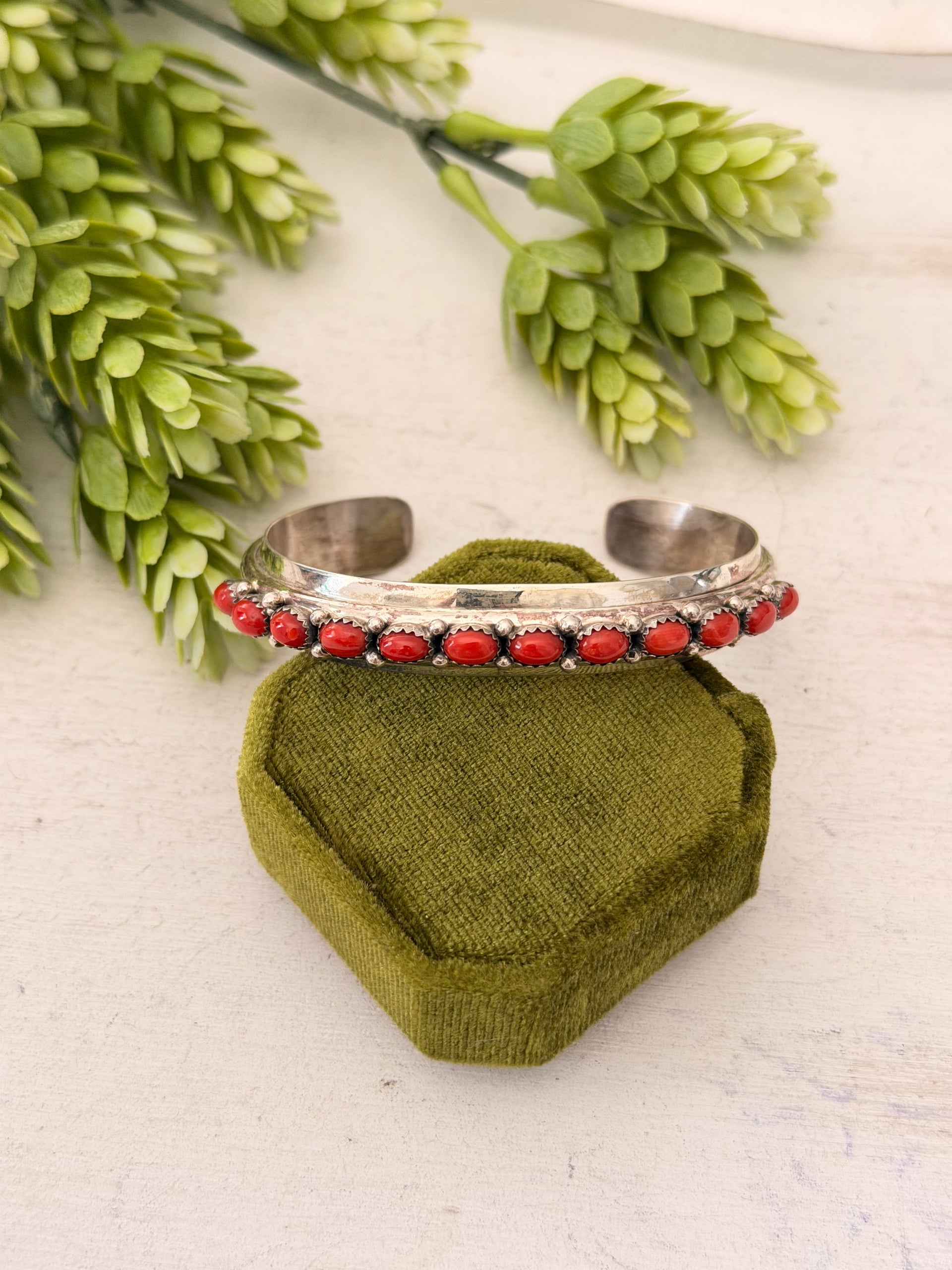Paul Livingston Red Coral & Sterling Silver Cluster Cuff Bracelet