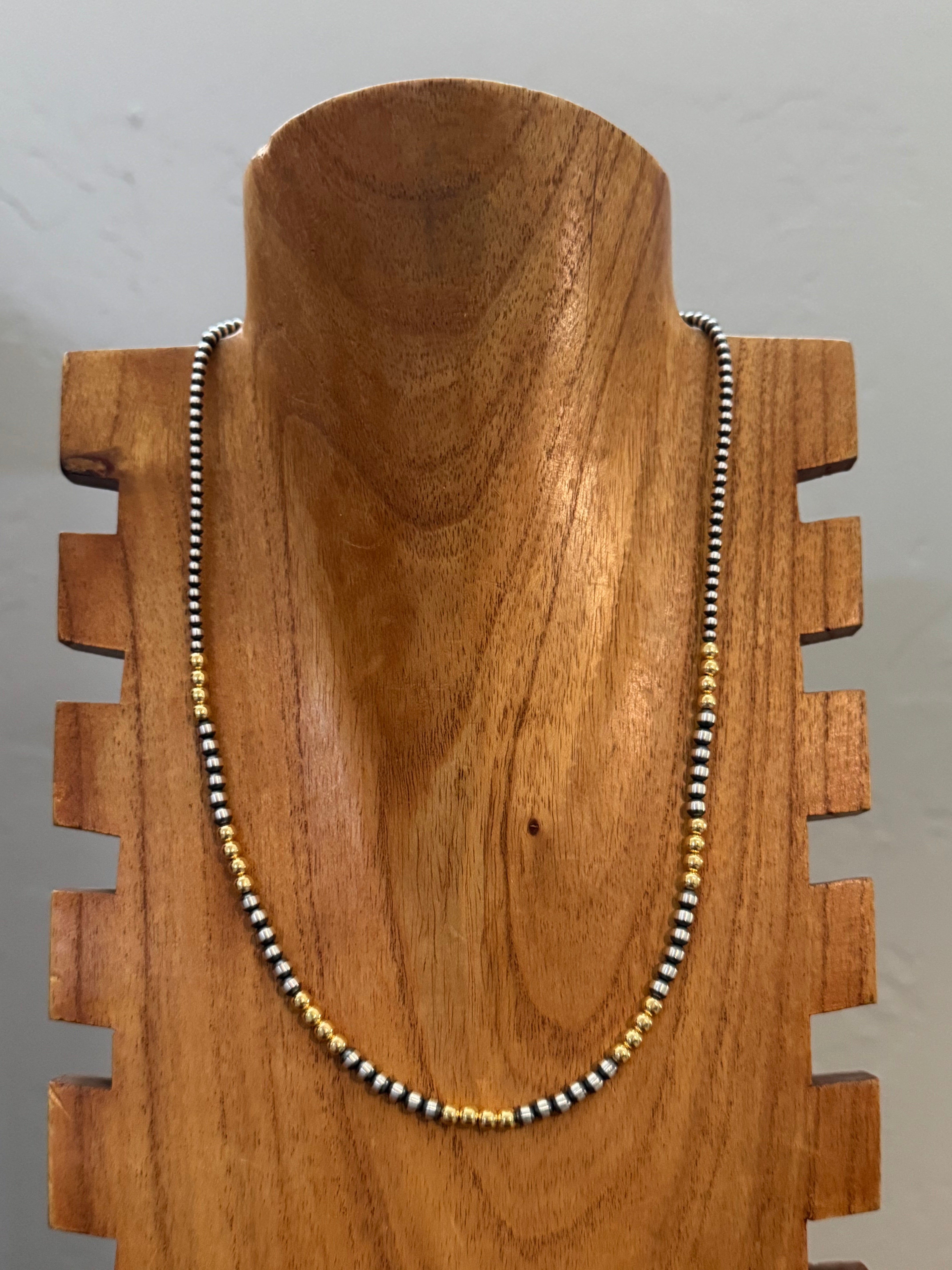 Navajo STRUNG Sterling Silver & 14 kt Gold Plate Graduated Pearl Necklace