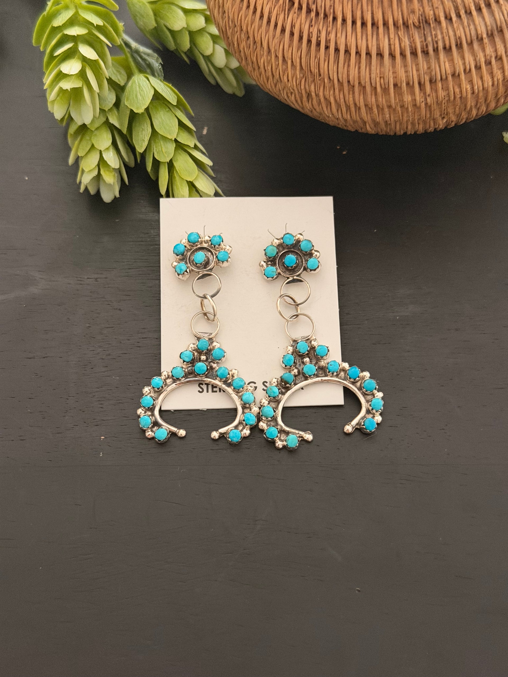 Joan Cheama Kingman Turquoise & Sterling Silver Post Dangle Earrings
