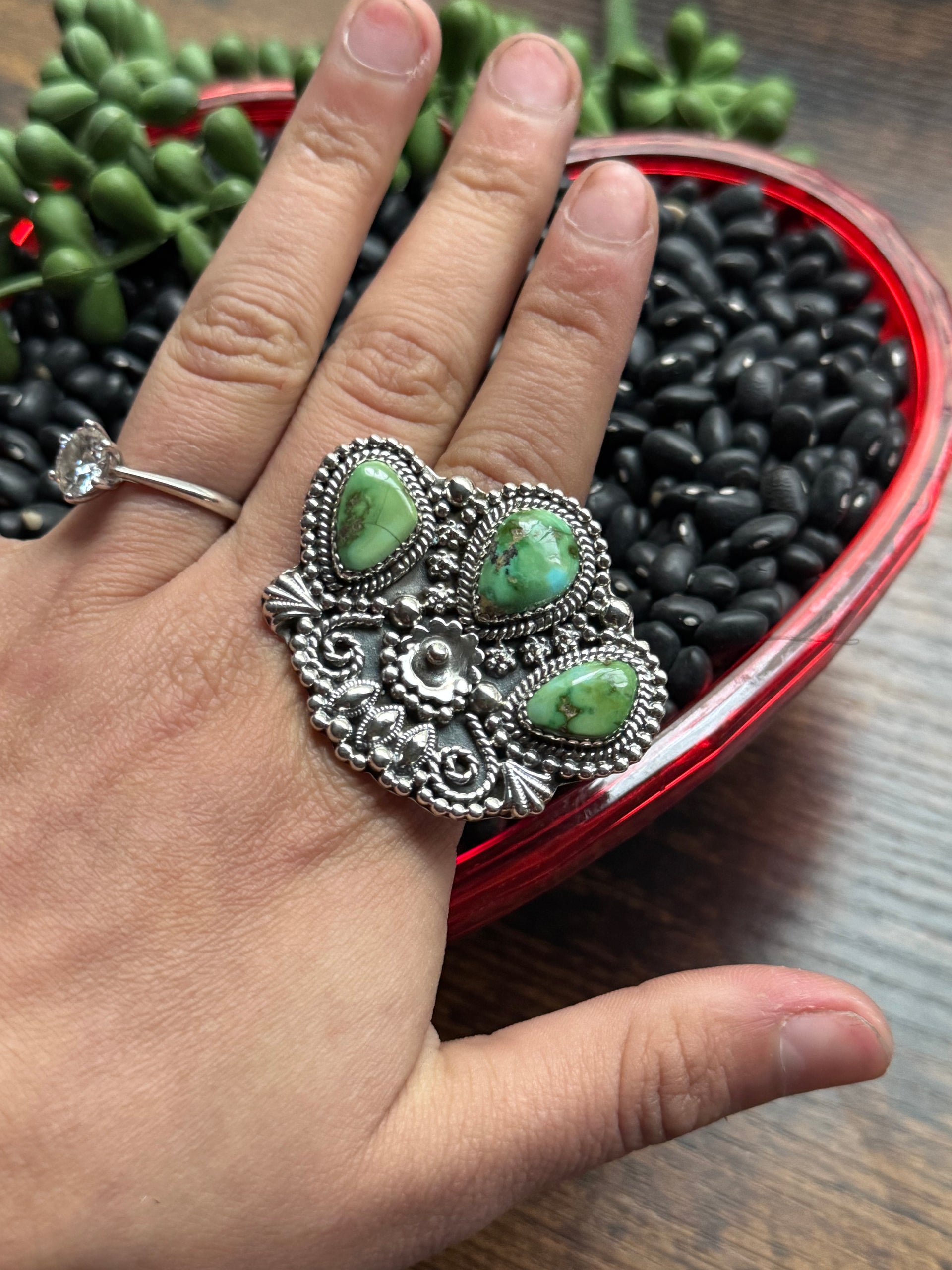 Southwest Handmade Sonoran Mountain Turquoise & Sterling Silver Adjustable Cluster Ring