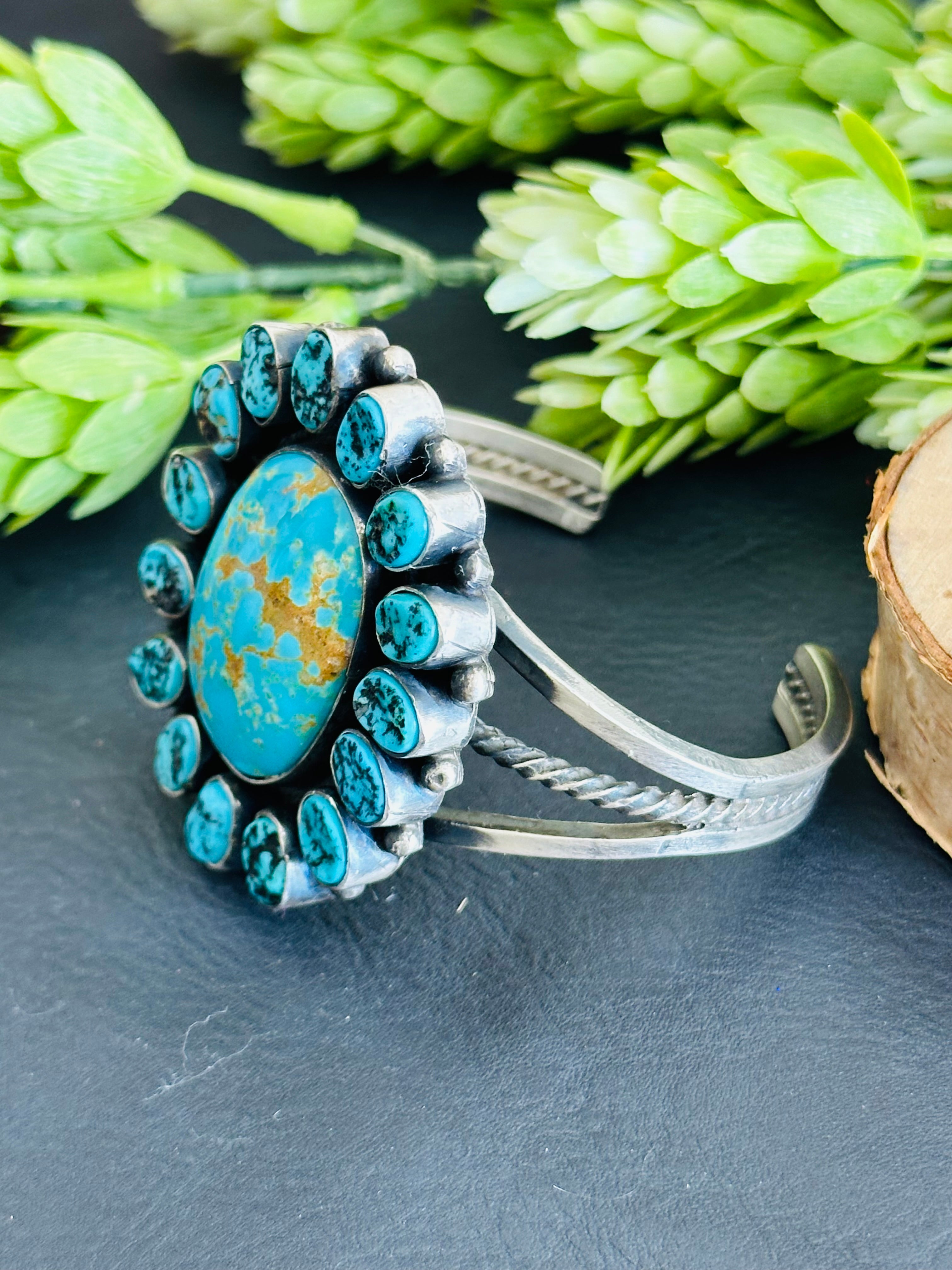 Navajo Made Kingman Turquoise & Sterling Silver Cluster Cuff Bracelet