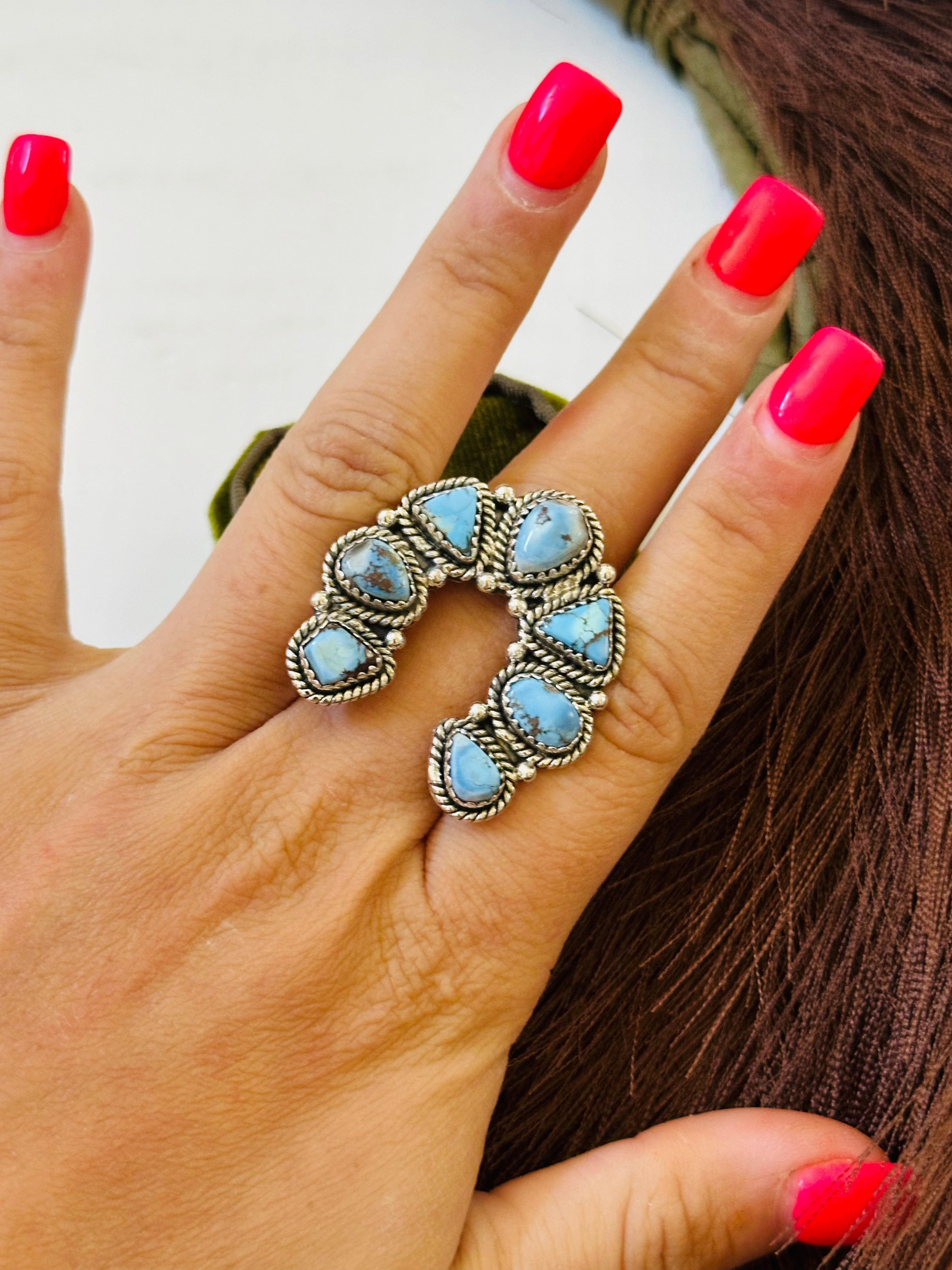 TTD “Prosperous” Golden Hills Turquoise & Sterling Silver Adjustable Cluster Naja Ring