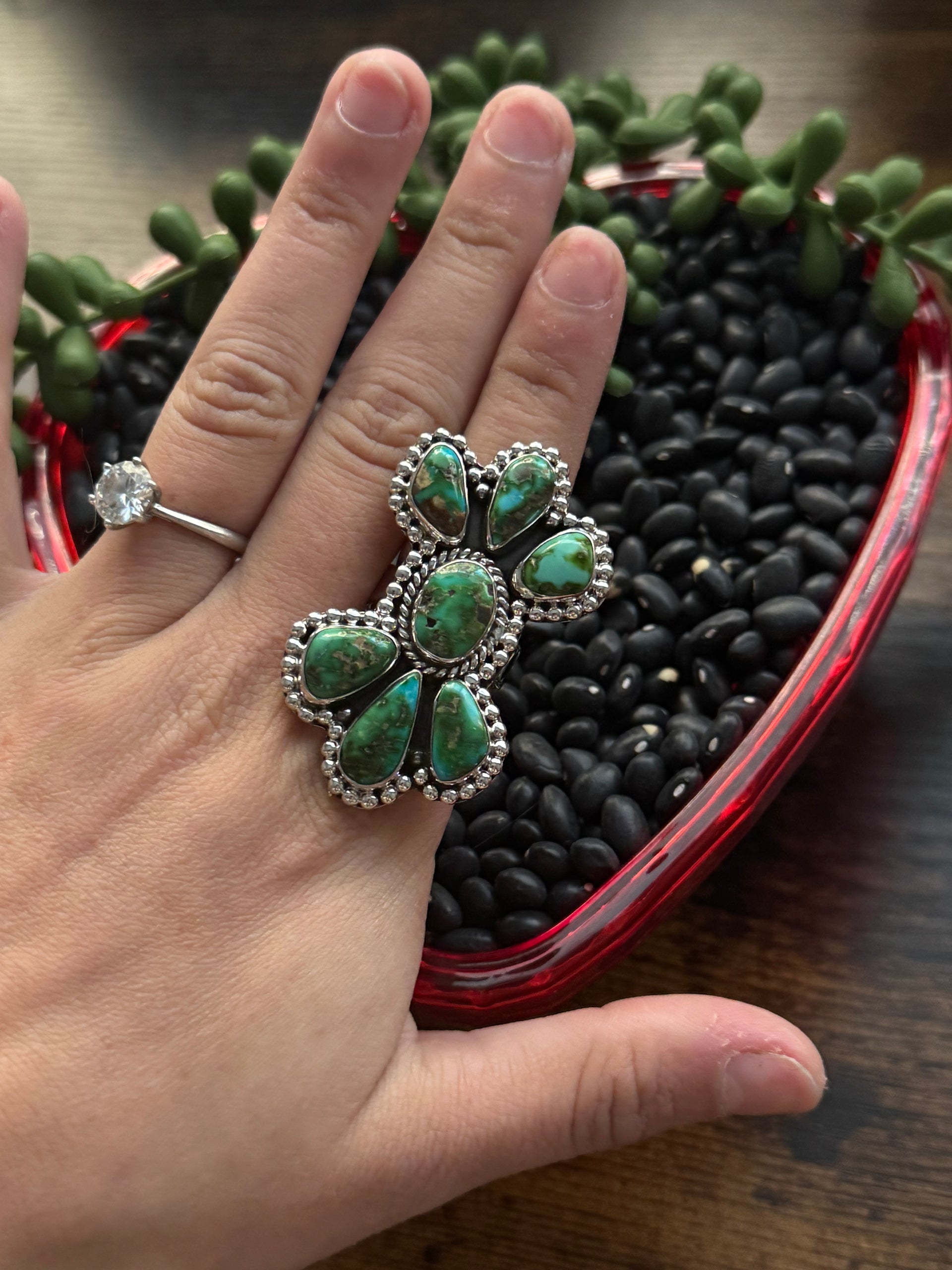 Southwest Handmade Sonoran Mountain Turquoise & Sterling Silver Adjustable Cluster Ring