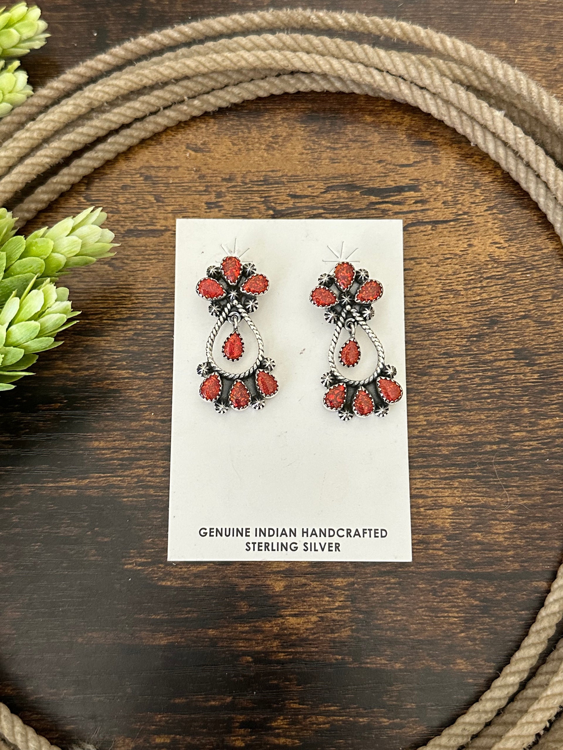 Southwest Handmade Red Opal & Sterling Silver Post Dangle Earrings