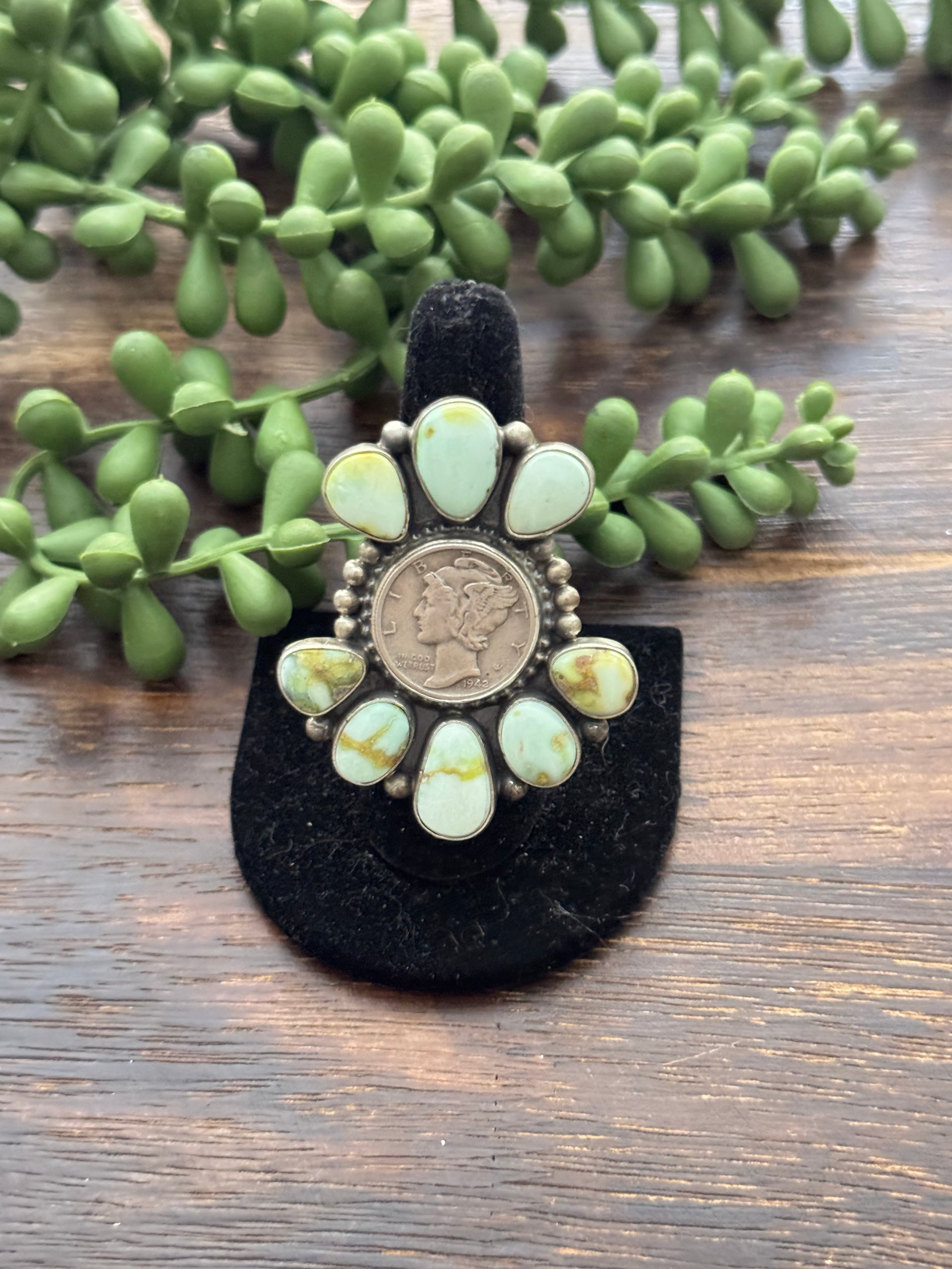 Dave Skeets Palomino Variscite & Sterling Silver Cluster Liberty Coin Ring Size 8.5