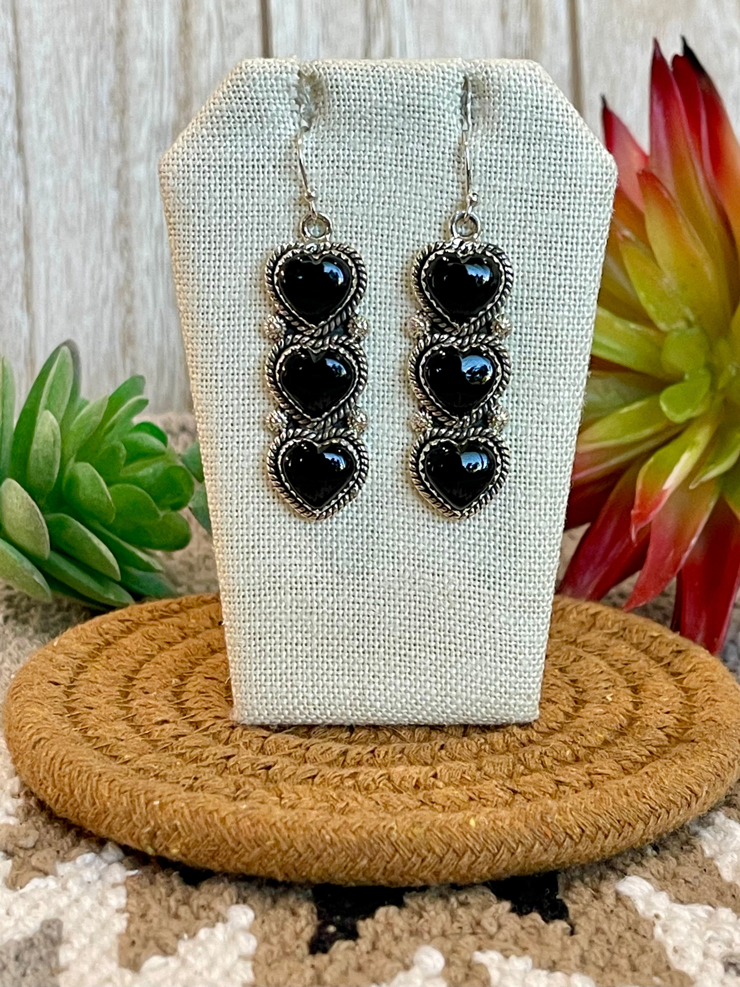 Southwest Handmade Black Onyx & Sterling Silver Post Dangle Heart Earrings