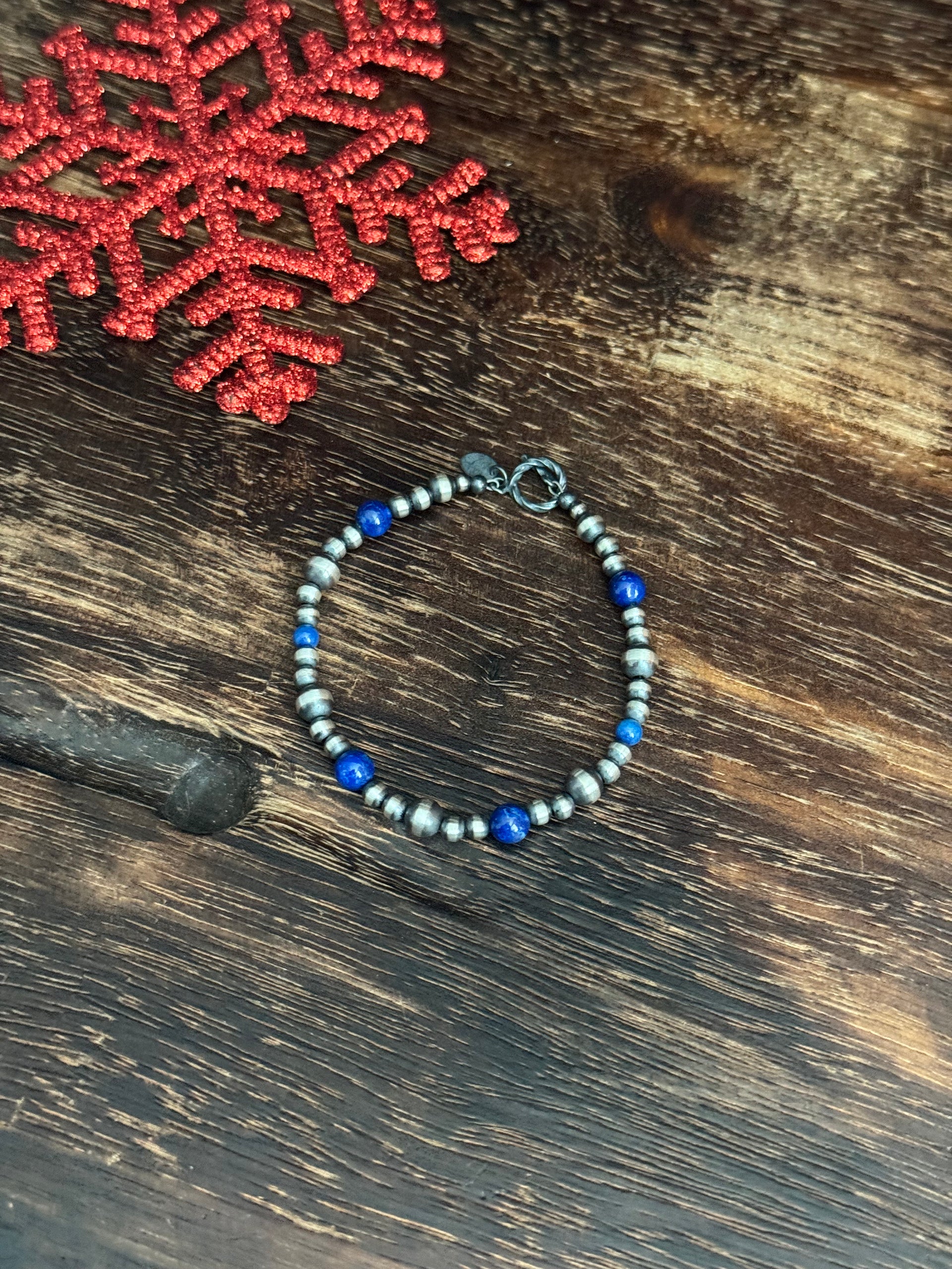 Navajo Strung Lapis & Sterling Silver Pearl Beaded Bracelet