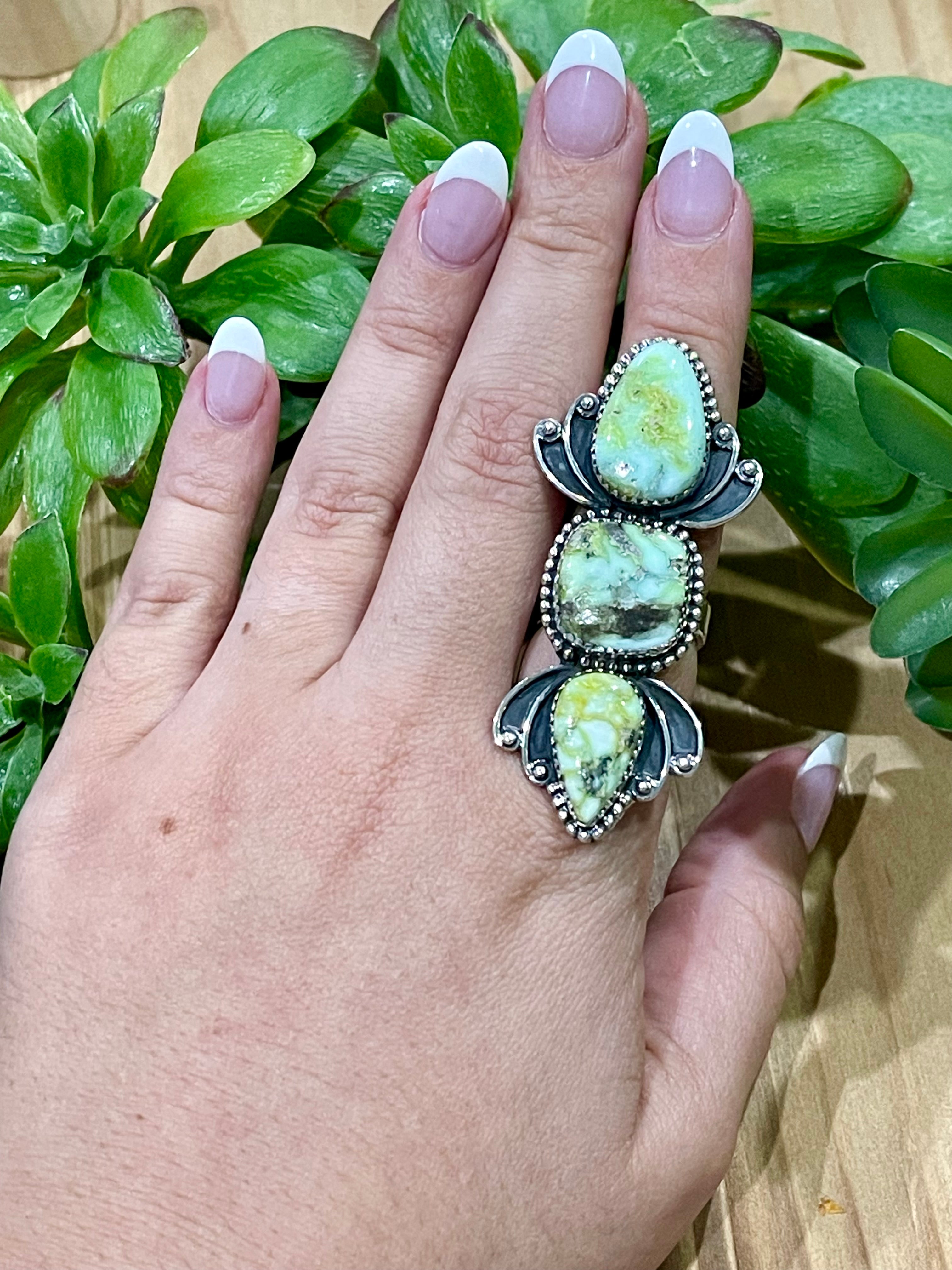 Southwest Handmade Palomino Variscite & Sterling Silver Adjustable 3 Stone Ring