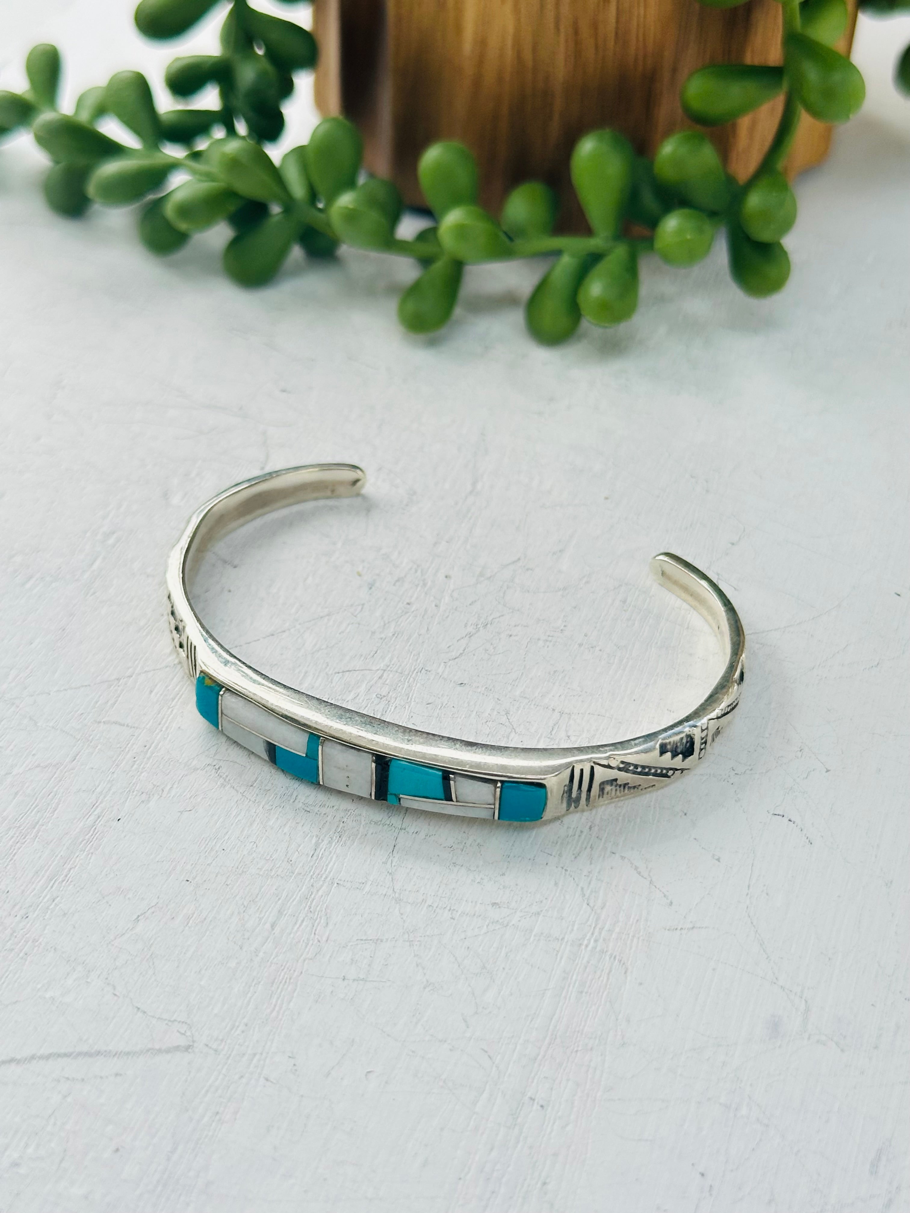 Navajo Made Multi Stone & Sterling Silver Inlay Cuff Bracelet