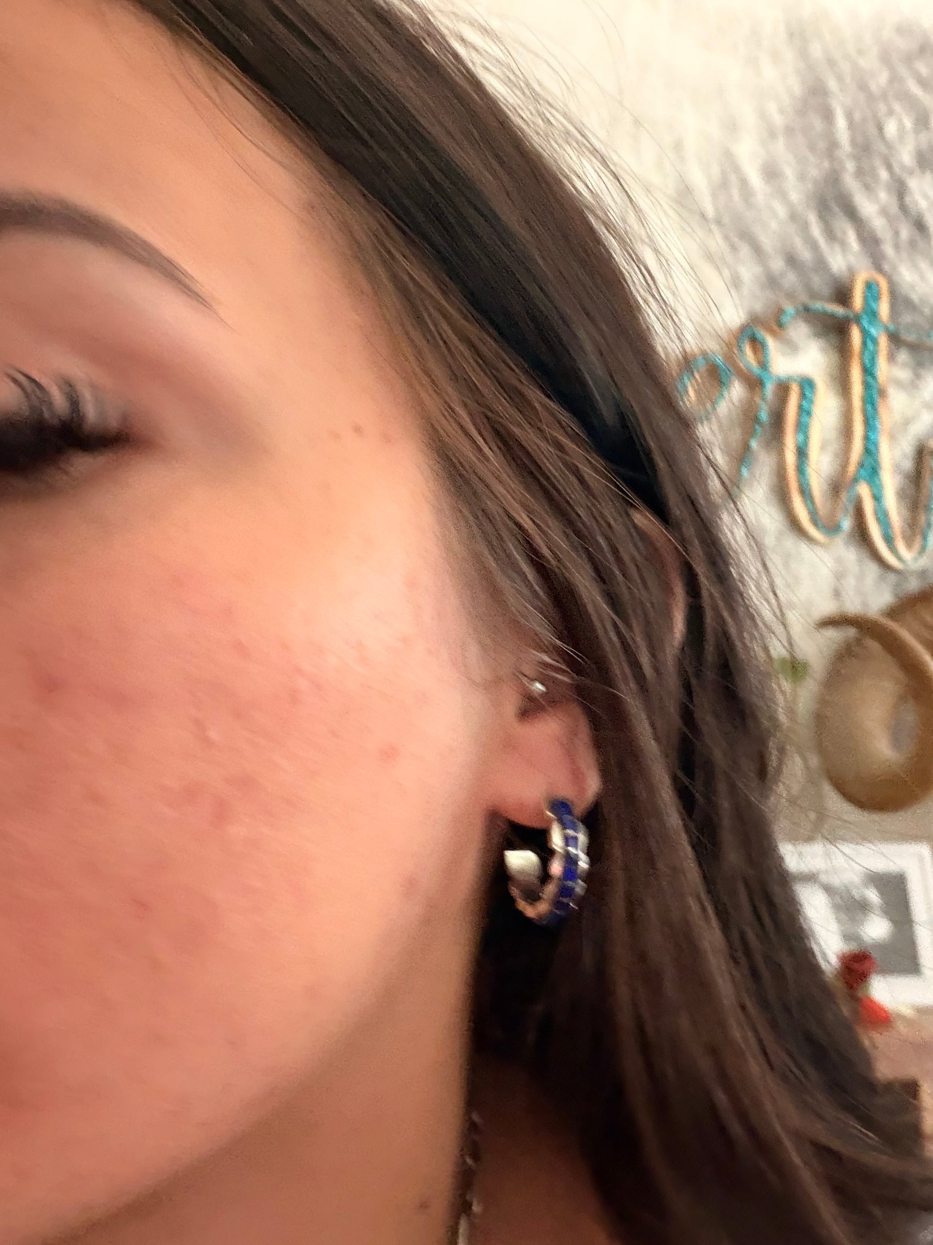 Zuni Handmade Lapis & Sterling Silver Post Hoop Earrings
